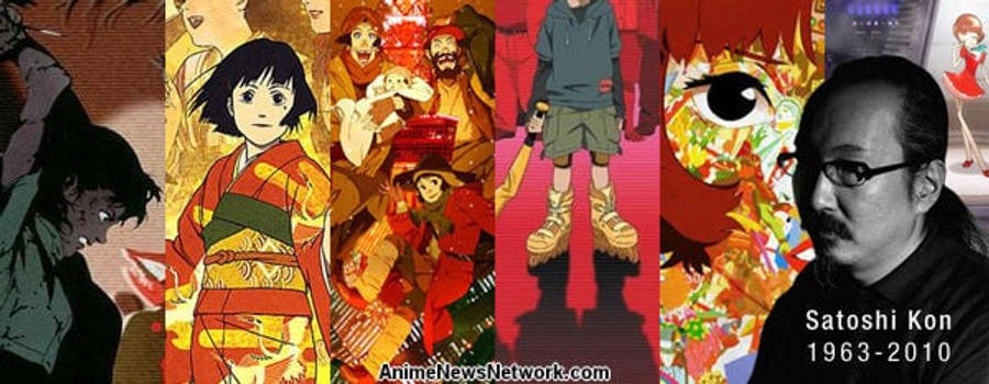 satoshi kon 桌布 壁紙 — 一幅充滿活力的動漫藝術作品拼貼畫和今敏的肖像，展示了他標誌性的視覺風格和情感深度。