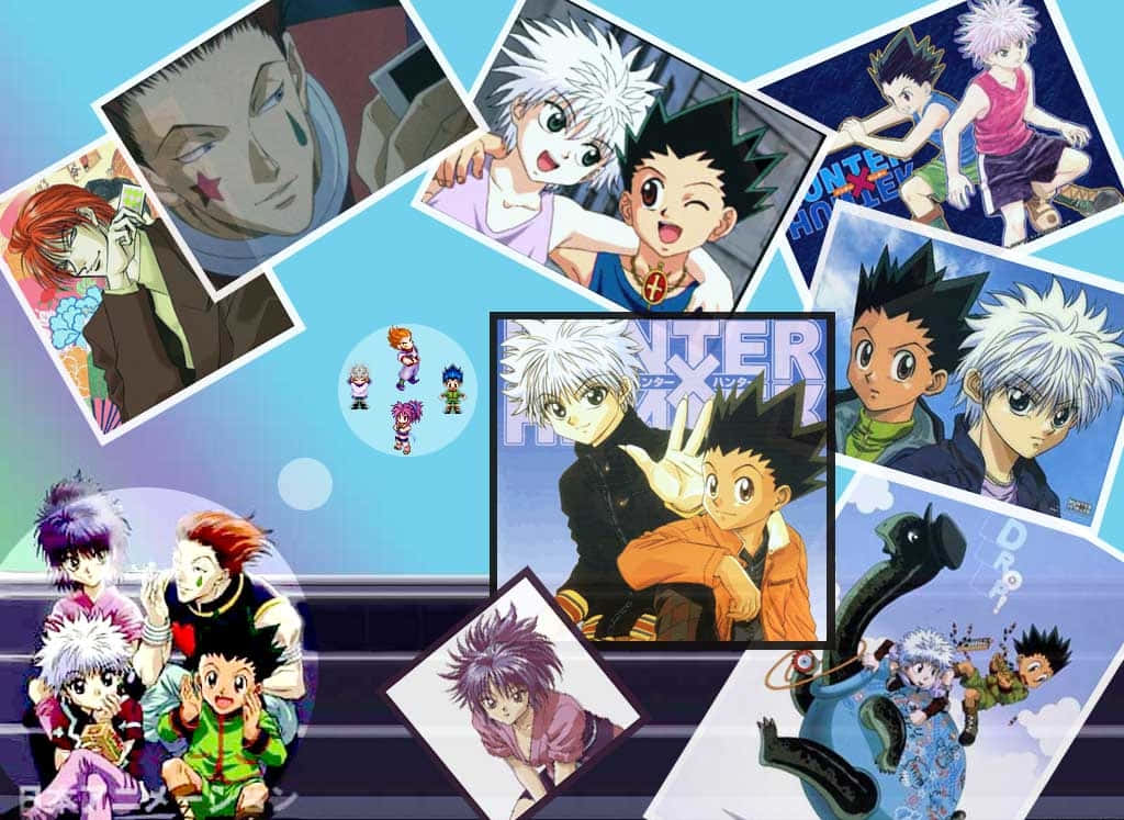 桌布 壁紙 — 一幅充滿活力的動漫角色拼貼畫，來自《Hunter x Hunter》，以各種姿勢和表情呈現在淺藍色漸變背景上。