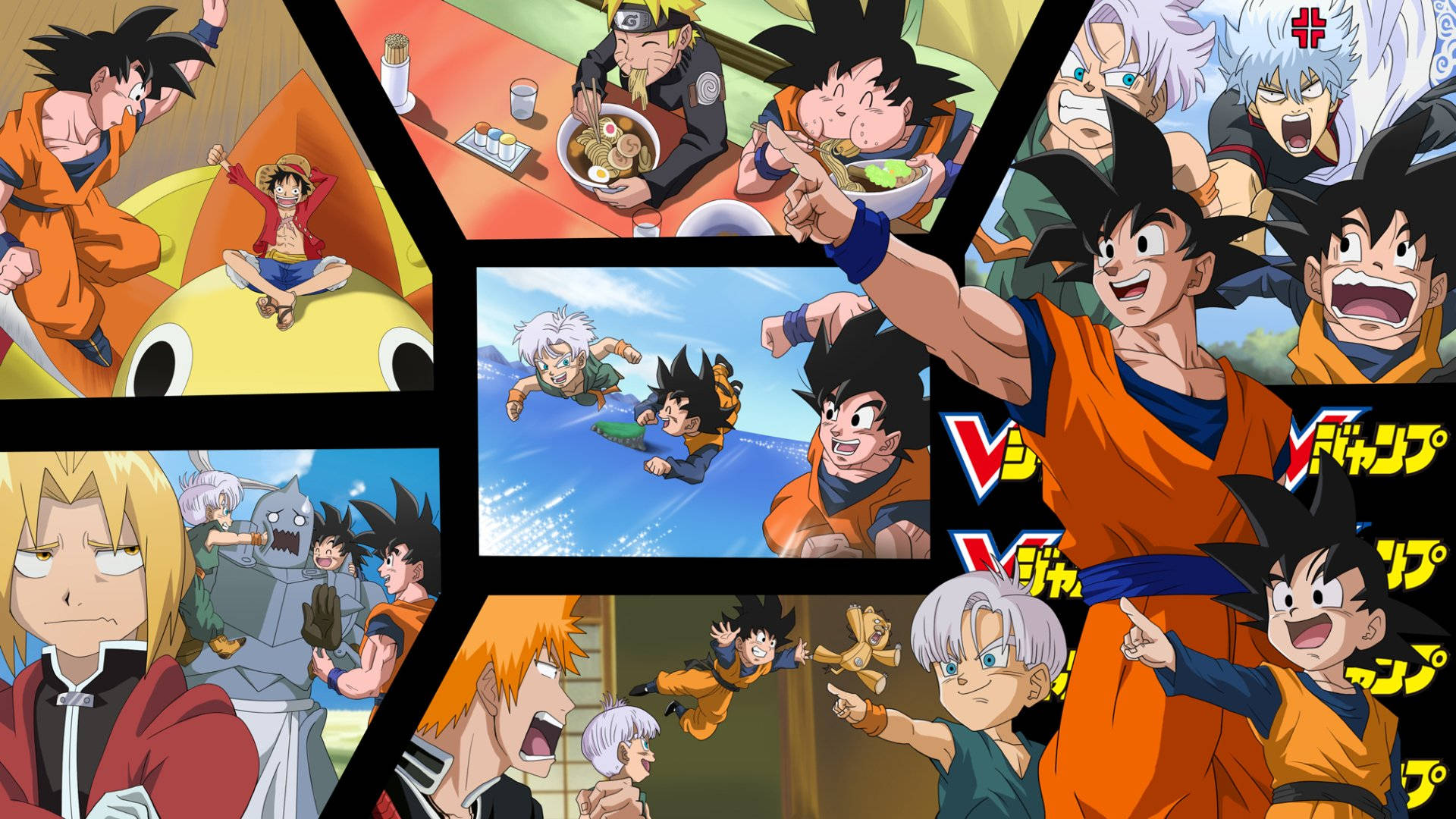 Goten 桌布 壁紙 — 一幅充滿活力的動漫角色拼貼畫，如悟空和魯夫，在色彩繽紛的畫面中展現動態動作和喜劇場景。