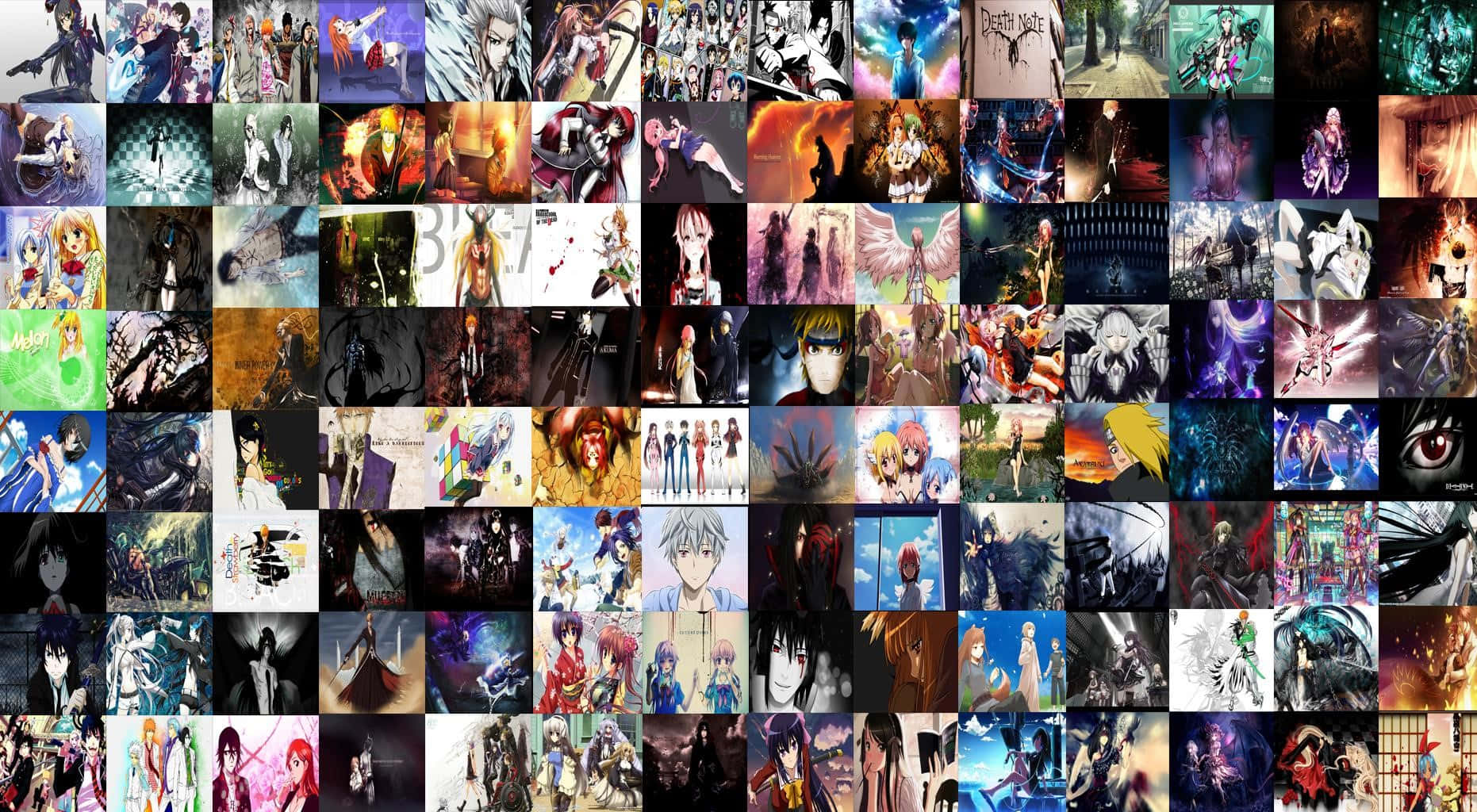 Anime Collage 桌布 壁紙 — 一幅充滿活力的動漫角色拼貼畫，展現不同奇幻和科幻場景中的動態姿勢。