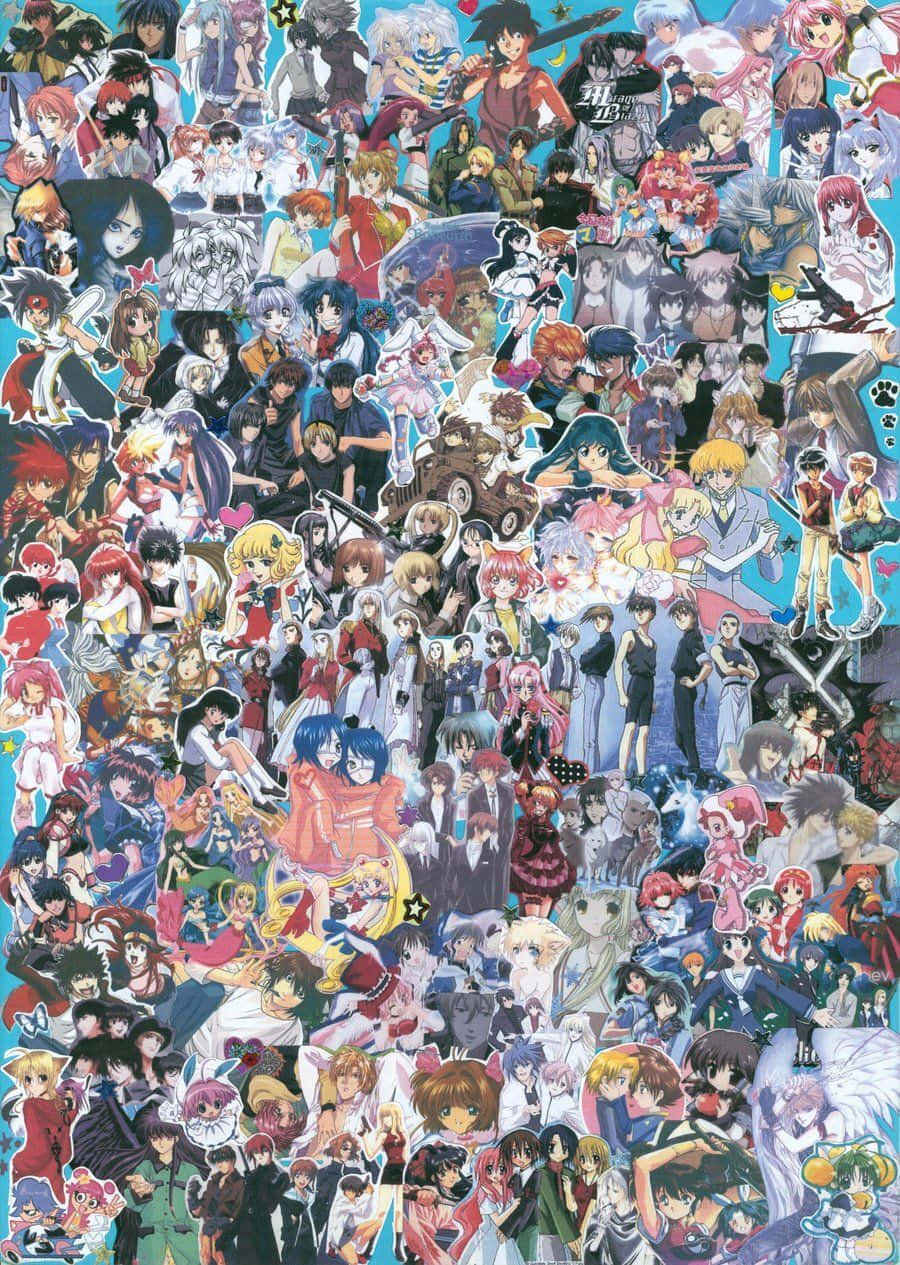 Anime Collage 桌布 壁紙 — 一幅充滿活力的動漫角色拼貼畫，角色以動態姿勢呈現，背景為明亮的藍色。