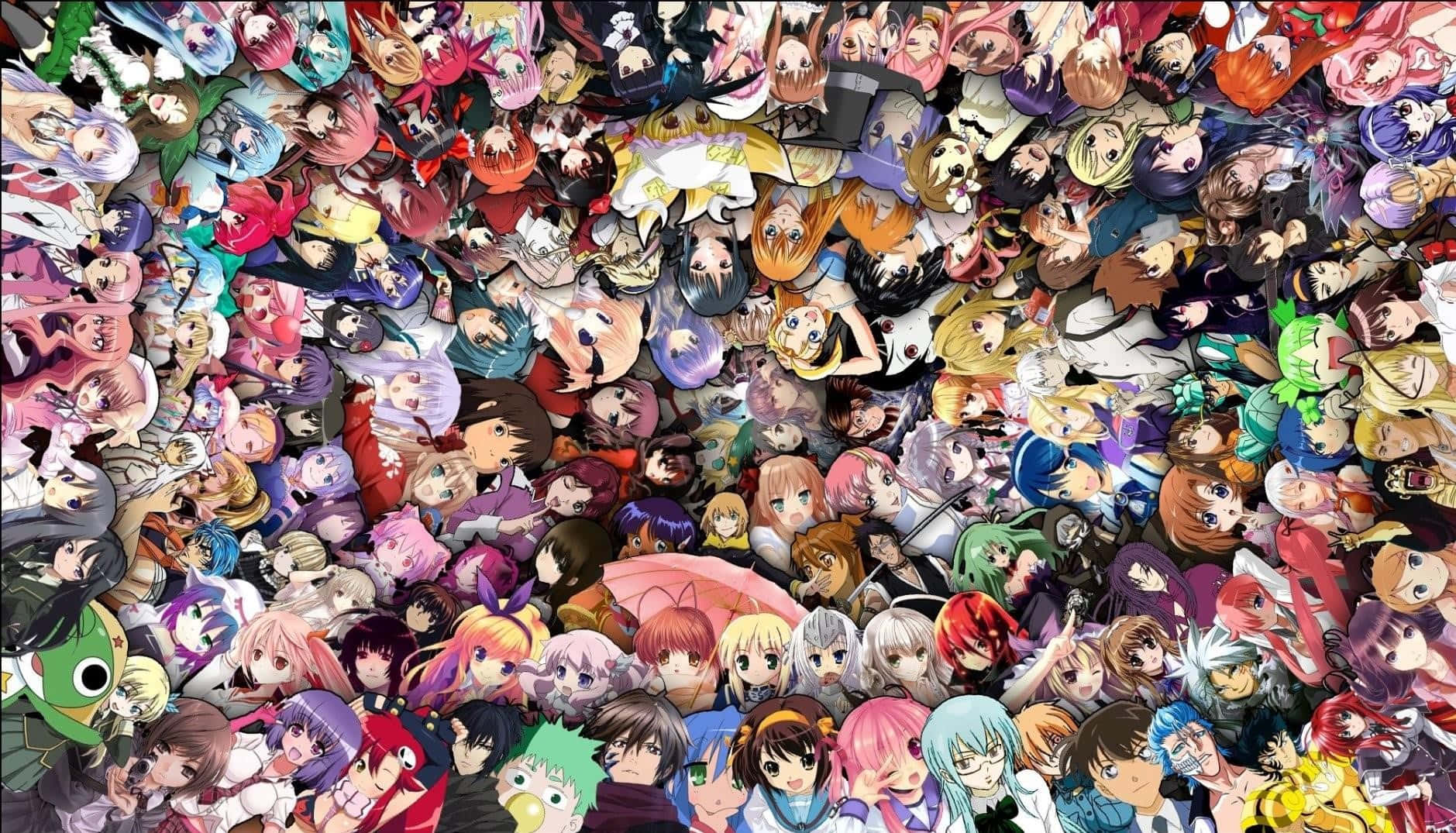 Anime Collage 桌布 壁紙 — 一幅充滿活力的動漫角色拼貼畫，角色擁有色彩繽紛的頭髮和富有表現力的眼睛，填滿整個畫面。