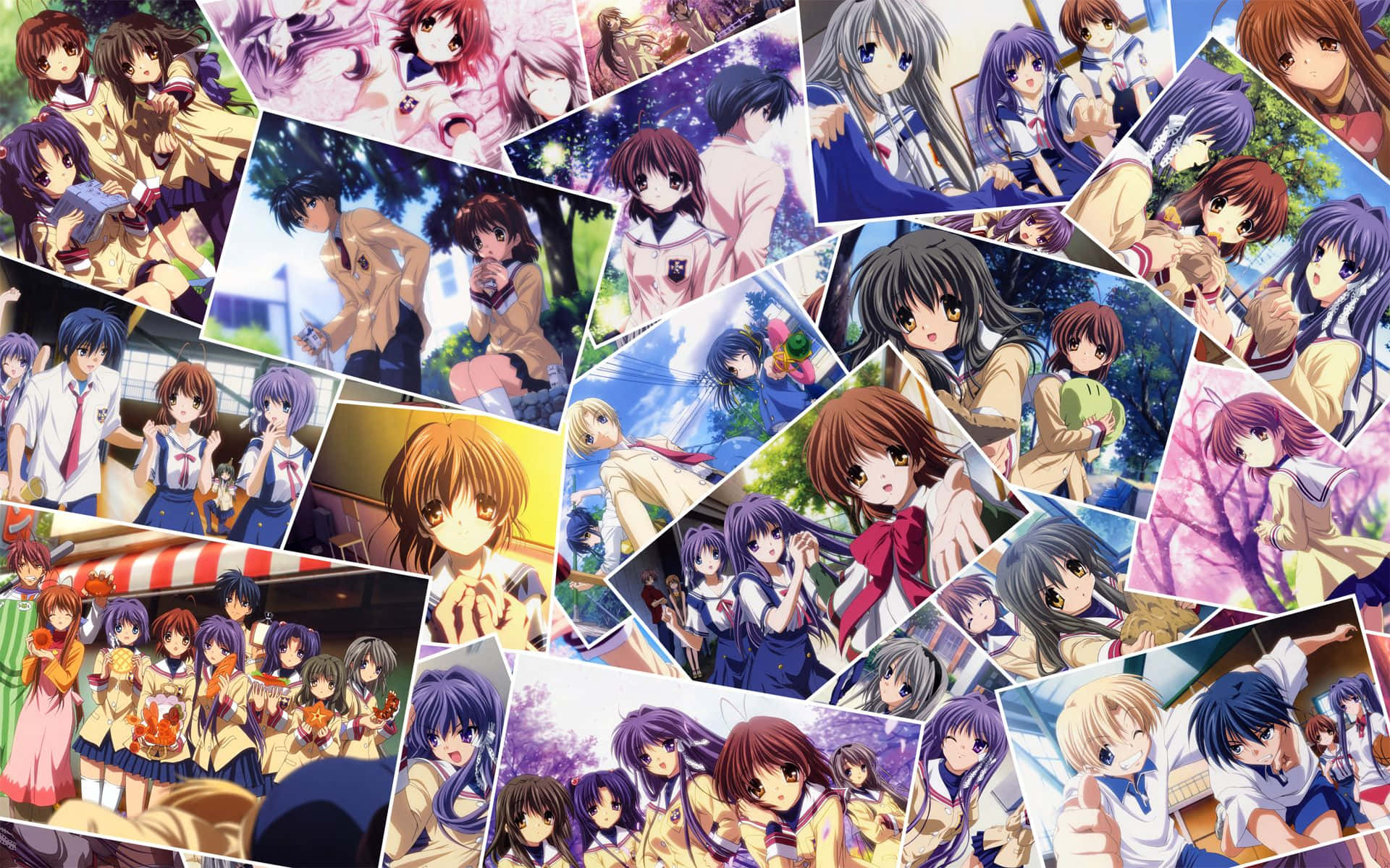 Anime Collage 桌布 壁紙 — 一幅充滿活力的動漫角色拼貼畫，角色穿著校服，背景為柔和粉彩的戶外場景。