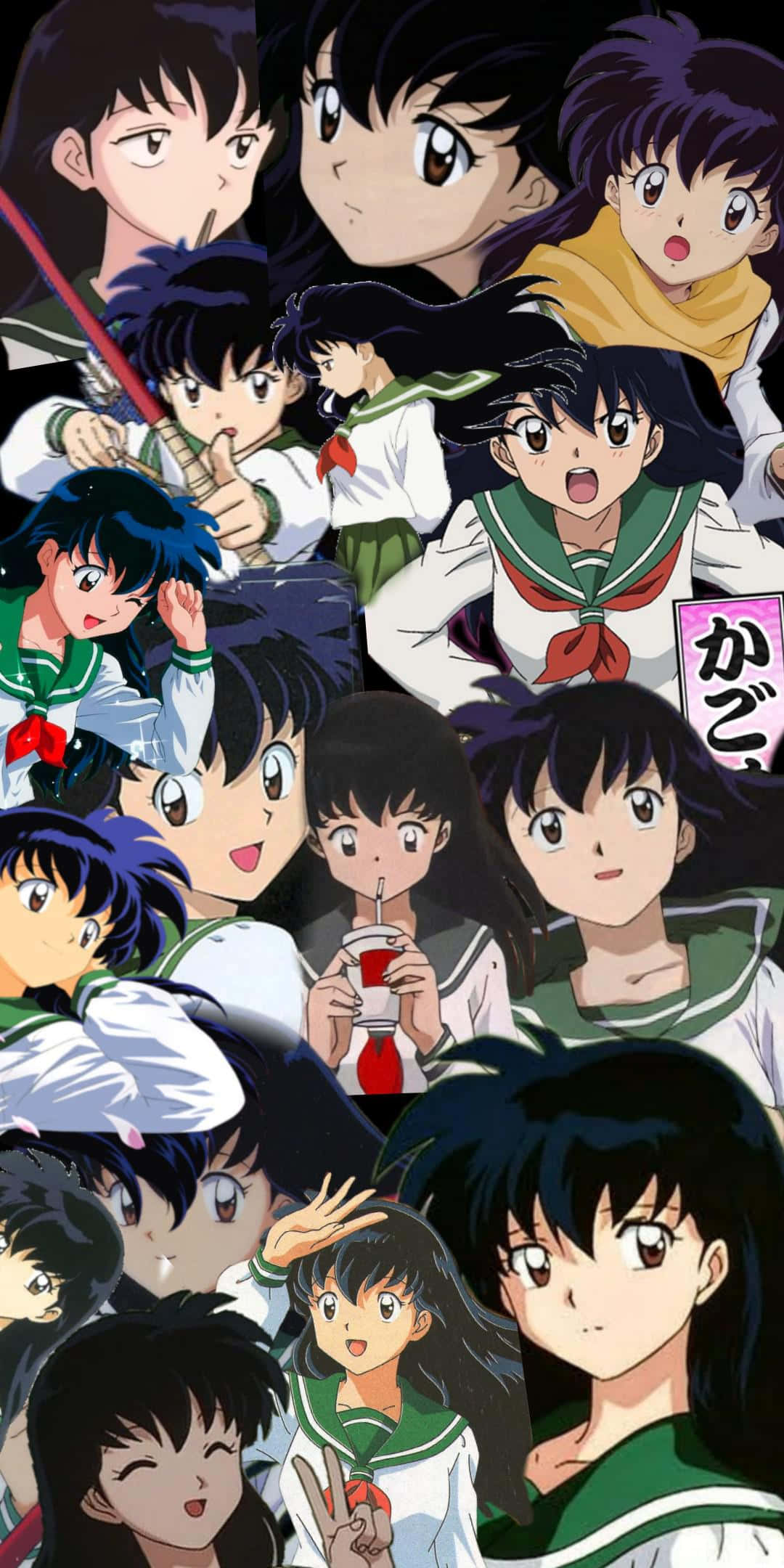 Kagome Higurashi 桌布 壁紙 — 一幅充滿活力的動漫角色拼貼畫，角色穿著校服，表情豐富，姿勢動感。