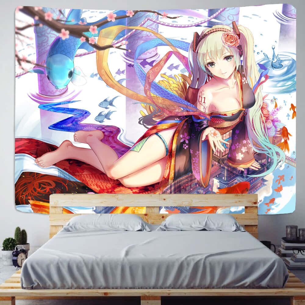 Cute Anime Bedroom 桌布 壁紙 — 一幅充滿活力的動漫風格壁紙，描繪了一位金髮女孩穿著色彩繽紛的和服，在風格化的水景中，於櫻花和錦鯉之間休憩。