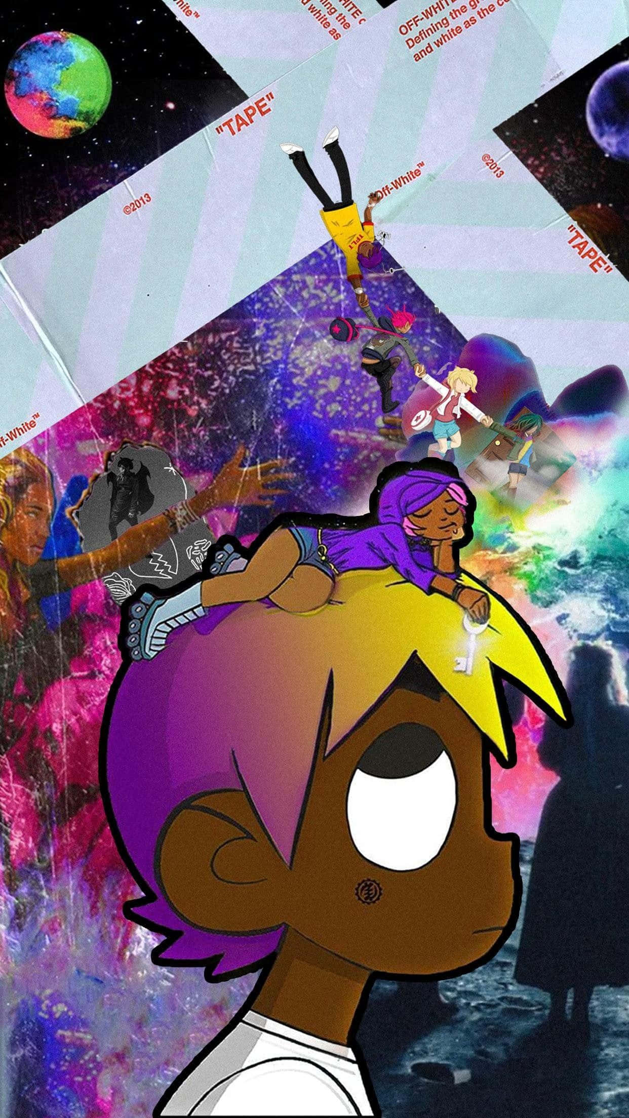 藝術 桌布 壁紙 — 一幅充滿活力的動漫風格拼貼畫，主角擁有紫色頭髮和黃色莫霍克髮型，周圍環繞著宇宙元素和漂浮的人物。