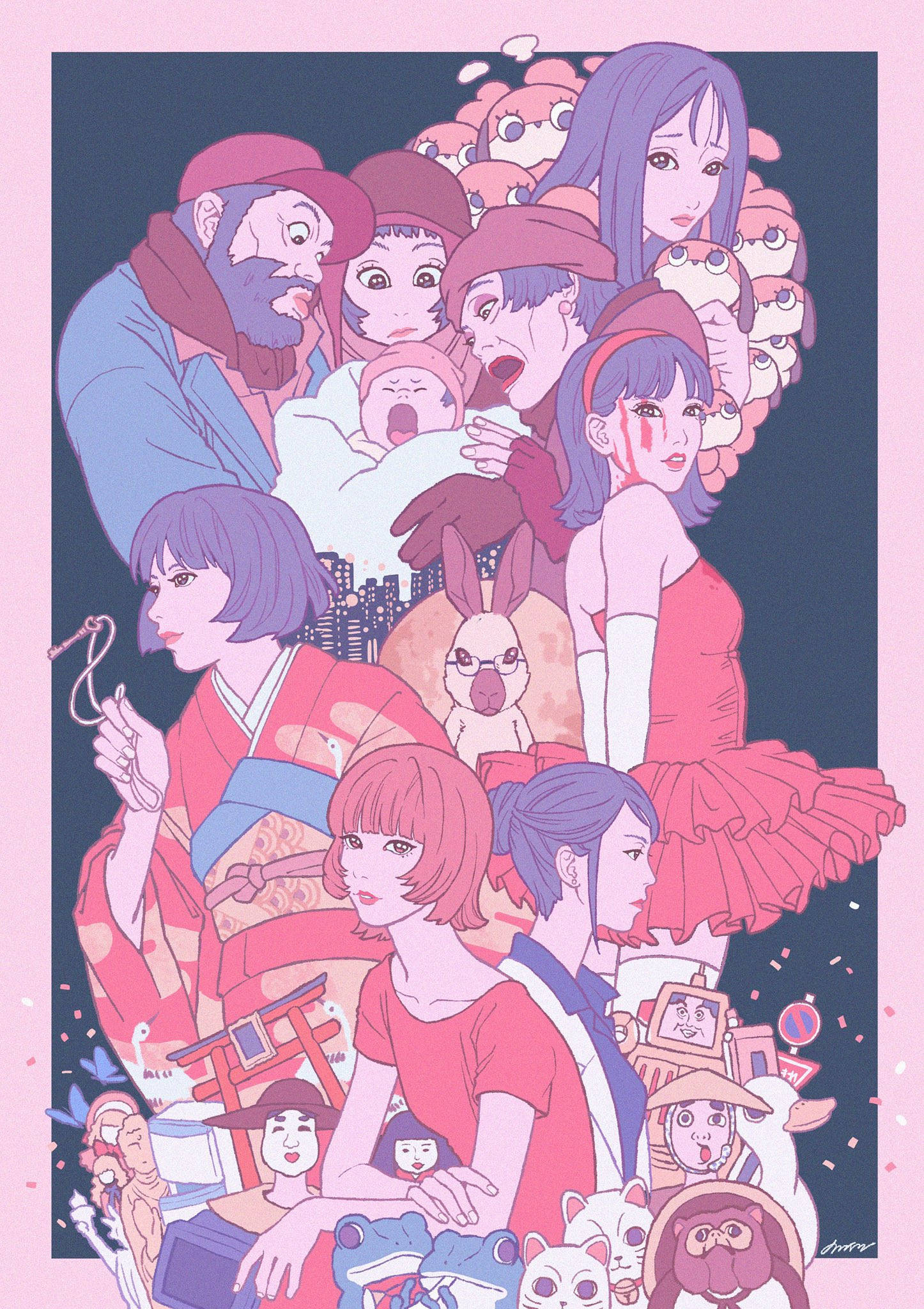 satoshi kon 桌布 壁紙 — 一幅充滿活力的動漫風格拼貼畫，以粉紅色和紫色調呈現多樣角色，包含傳統日本元素和奇幻生物。