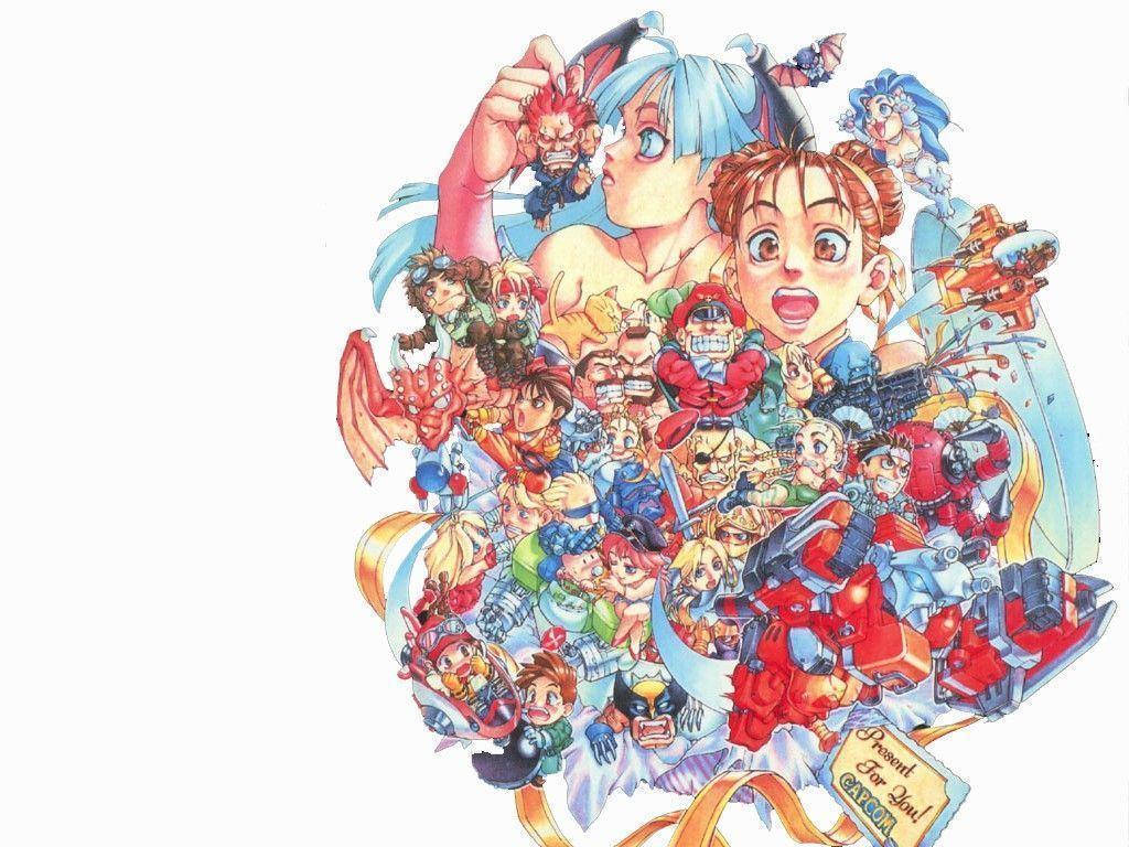 Capcom 桌布 壁紙 — 一幅充滿活力的動漫風格拼貼畫，以白色背景襯托出各種角色和機甲，姿態動感十足。