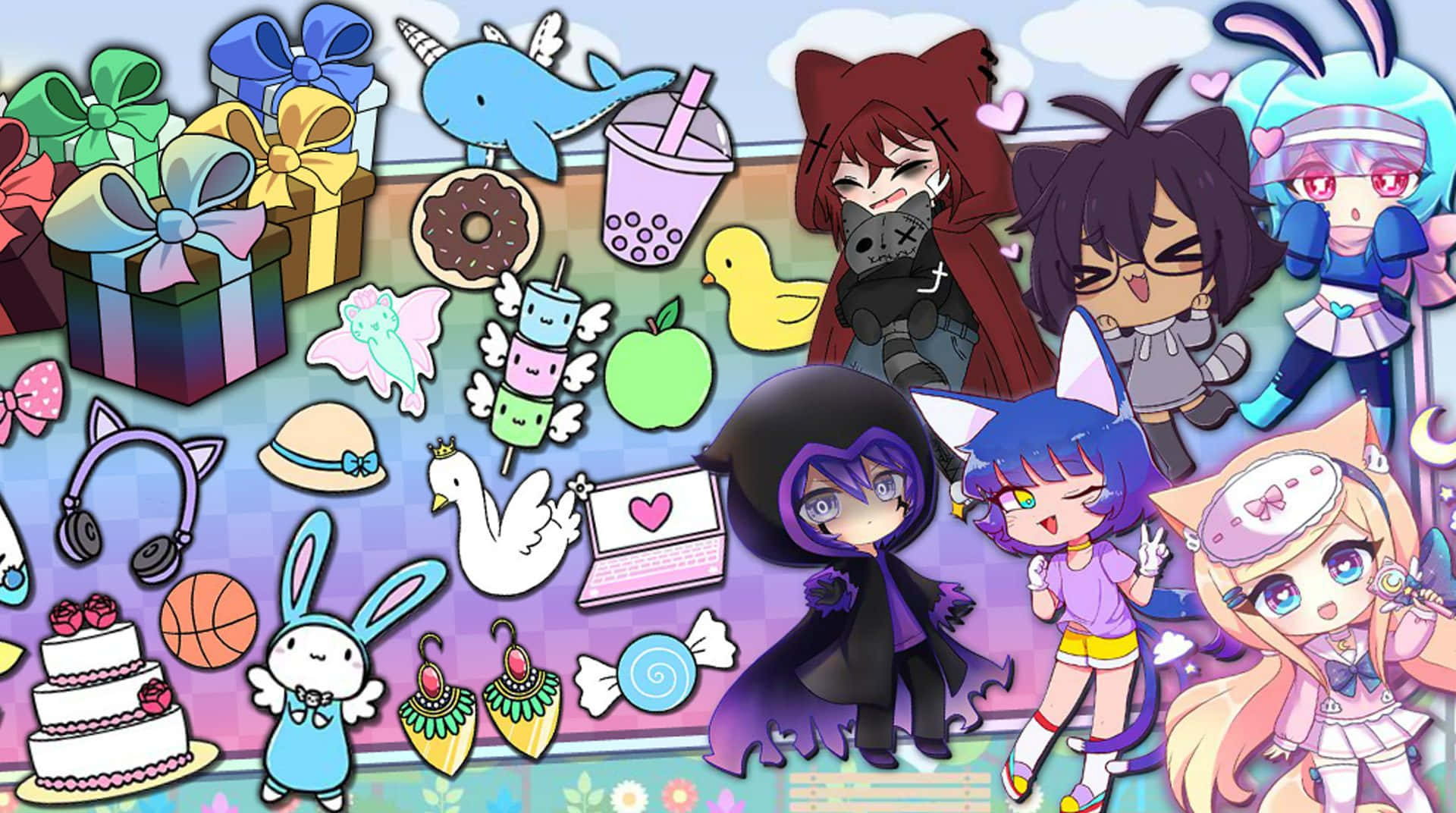 Gacha Life Cute 桌布 壁紙 — 一幅充滿活力的動漫風格拼貼畫，以粉彩背景為襯，散落著Q版角色、禮物、食物和可愛物品。