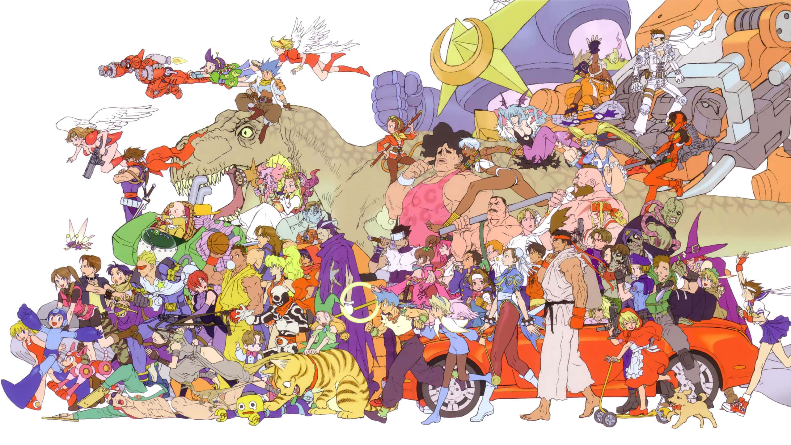 Anime Collage 桌布 壁紙 — 一幅充滿活力的動漫風格拼貼畫，匯集了來自不同系列數十個標誌性角色，營造出動感混亂的場景。