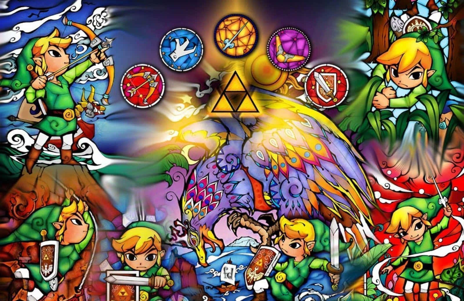 The Legend Of Zelda Characters 桌布 壁紙 — 一幅充滿活力的動漫風格拼貼畫，描繪薩爾達傳說中的林克揮舞武器，面對一隻帶有發光符號的巨型鳥類生物。