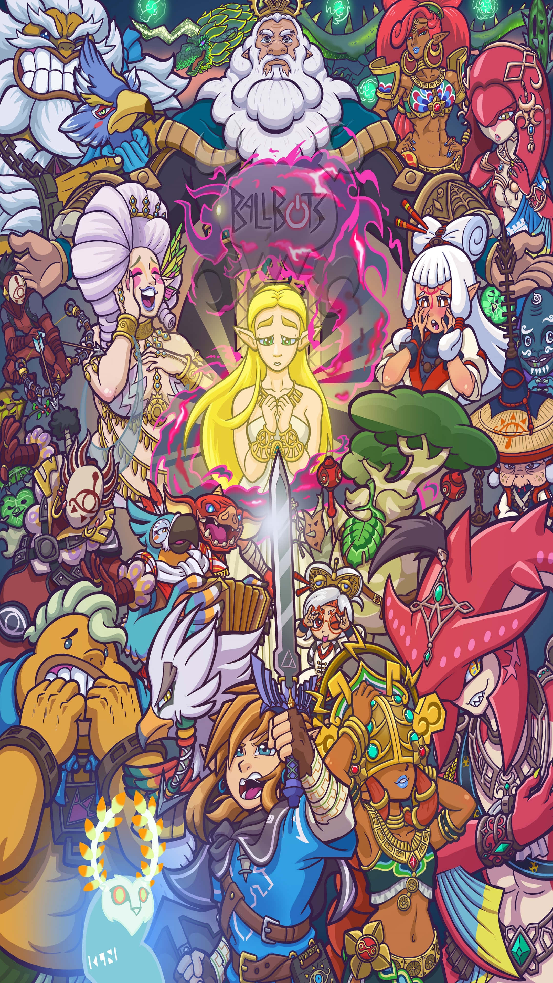 Zelda Phone 桌布 壁紙 — 一幅充滿活力的動漫風格拼貼畫，描繪了各種奇幻角色圍繞著一位手持發光劍的金髮戰士。