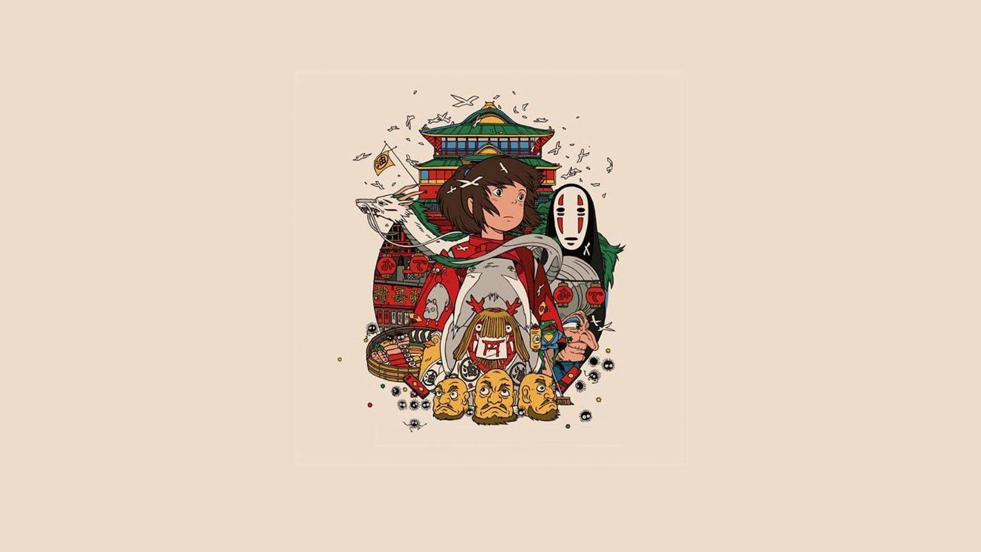 神隱少女 桌布 壁紙 — 一幅充滿活力的動漫風格拼貼畫，描繪了一位年輕女孩、一個幽靈般的身影和傳統的日本建築，還有漂浮的靈魂。