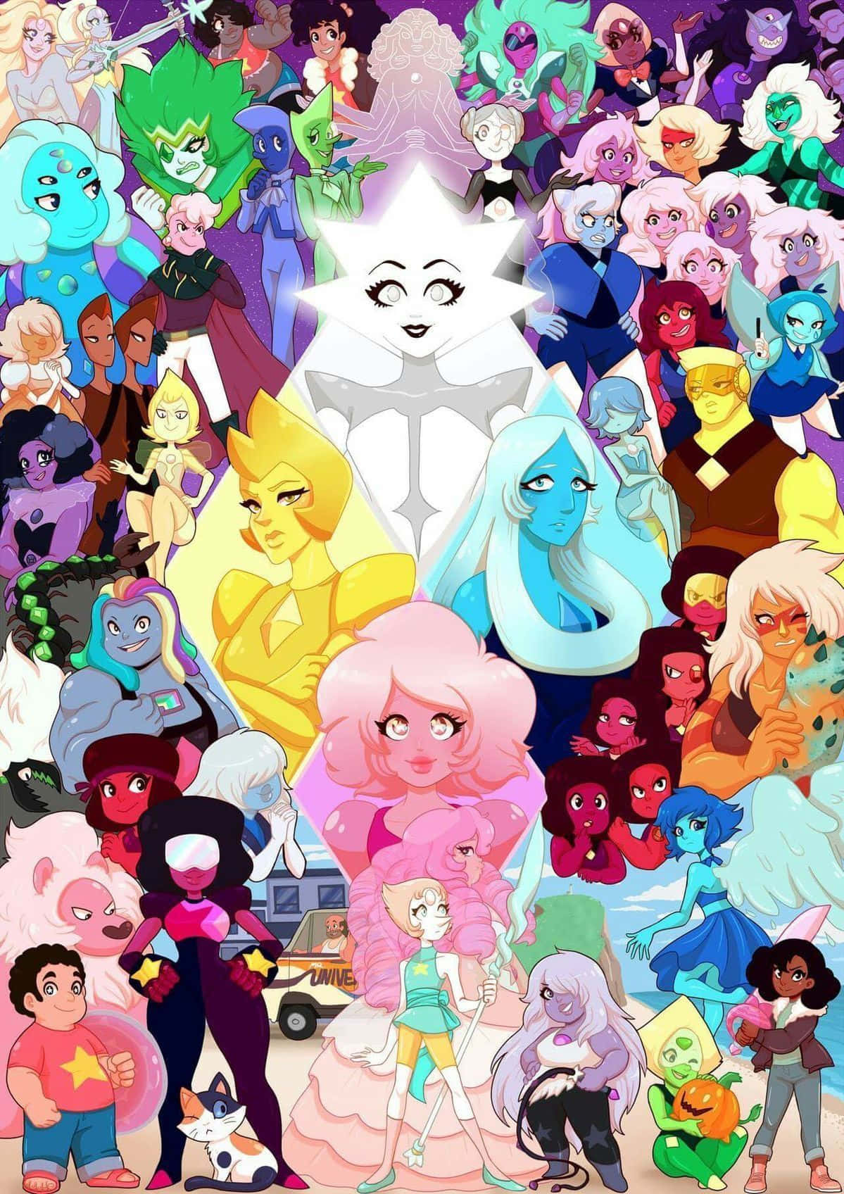 Steven Universe iPad 桌布 壁紙 — 一幅充滿活力的動漫風格拼貼畫，描繪了來自《史提芬宇宙》宇宙的各種色彩繽紛的角色，圍繞著一個中央星形人物。