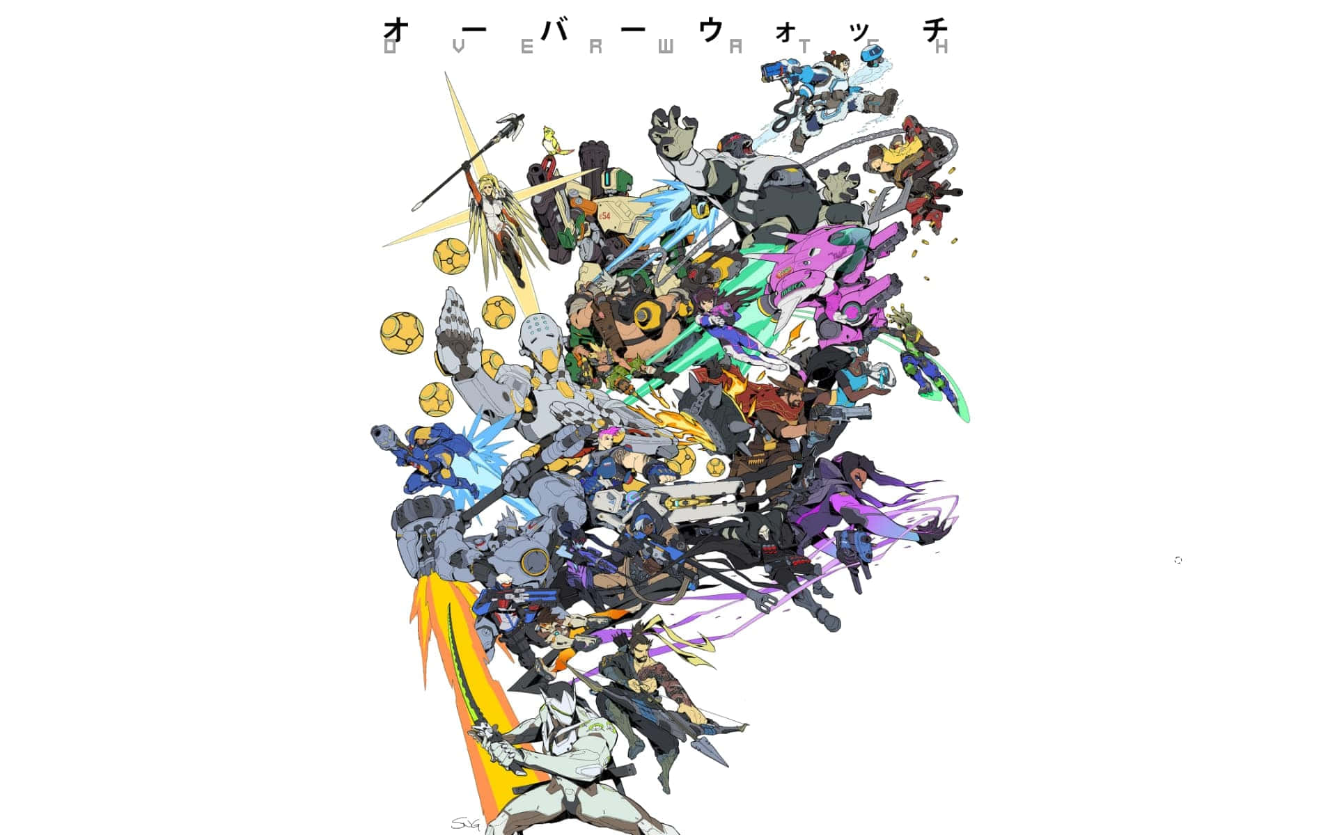Overwatch Roadhog 桌布 壁紙 — 一幅充滿活力的動漫風格拼貼畫，描繪《鬥陣特攻》英雄在純白背景下迸發能量與繽紛武器。