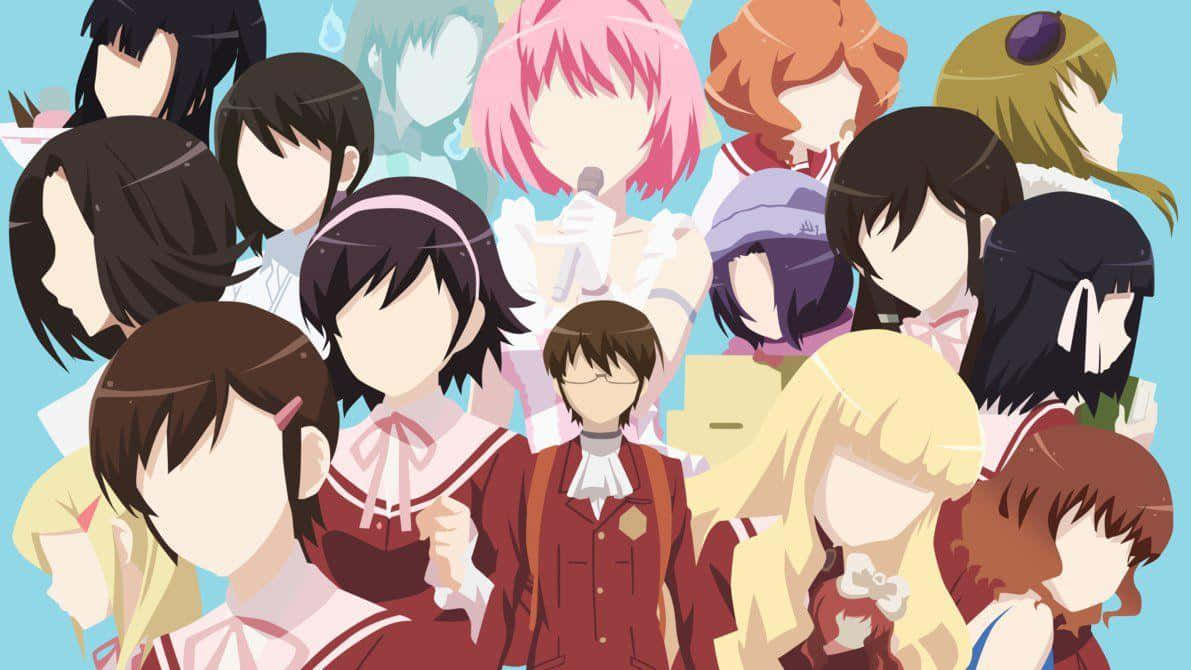 Anime All Characters HD 桌布 壁紙 — 一幅充滿活力的動漫風格拼貼畫，描繪了多個擁有彩色頭髮和穿著校服的角色，背景是柔和的藍色。