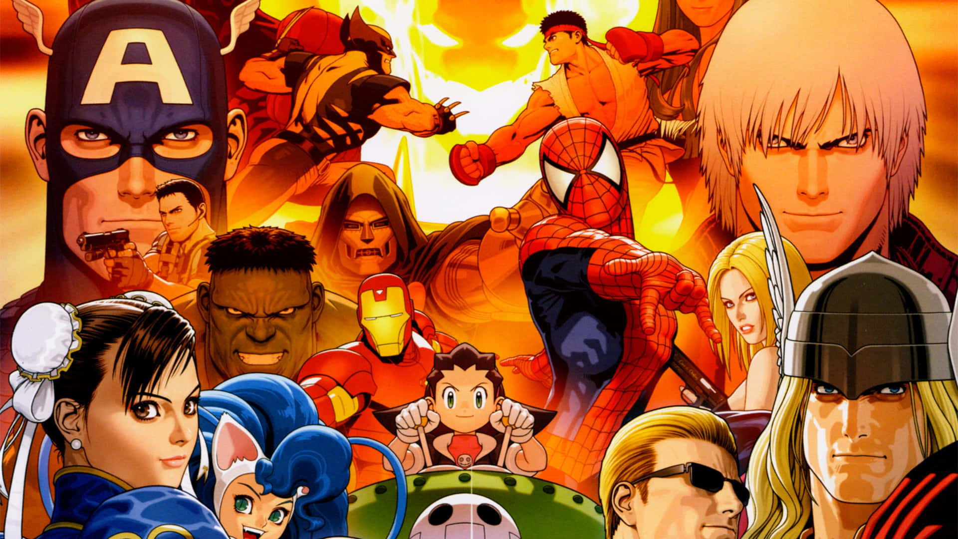 Marvel Vs Capcom Characters 桌布 壁紙 — 一幅充滿活力的動漫風格拼貼畫，描繪了標誌性的漫畫和電玩英雄在火橙色背景上動態擺姿勢。