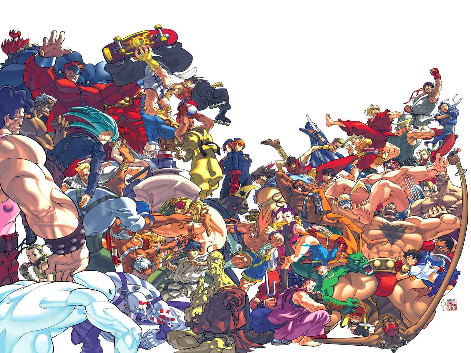 Marvel Vs Capcom 桌布 壁紙 — 一幅充滿活力的動漫風格拼貼畫，數十名肌肉發達的戰士和角色在純白背景下擺出動態姿勢。