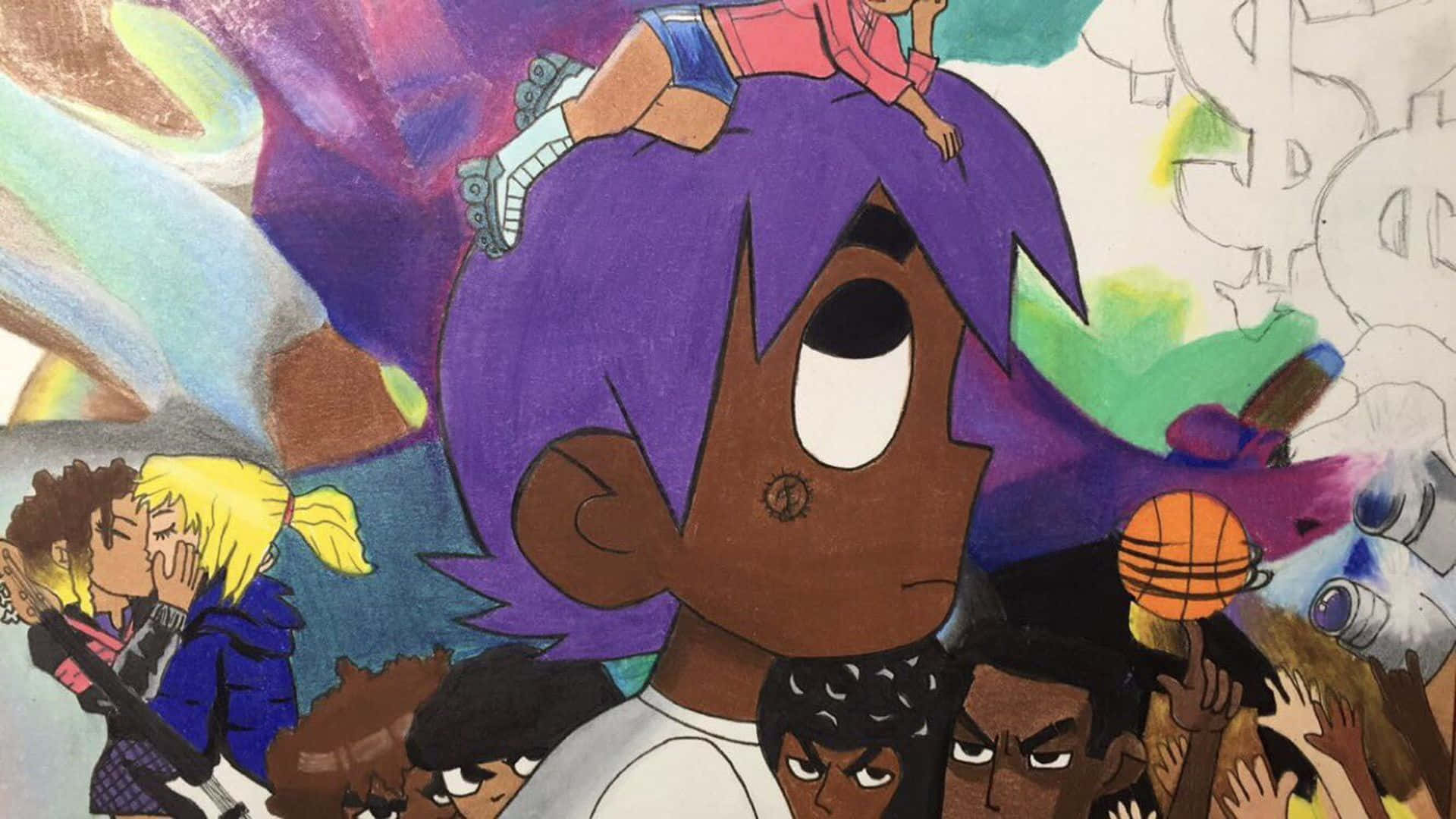 Anime Rapper 桌布 壁紙 — 一幅充滿活力的動漫風格插圖，以紫色頭髮的主角為中心，周圍環繞著各種動態姿勢的人物。