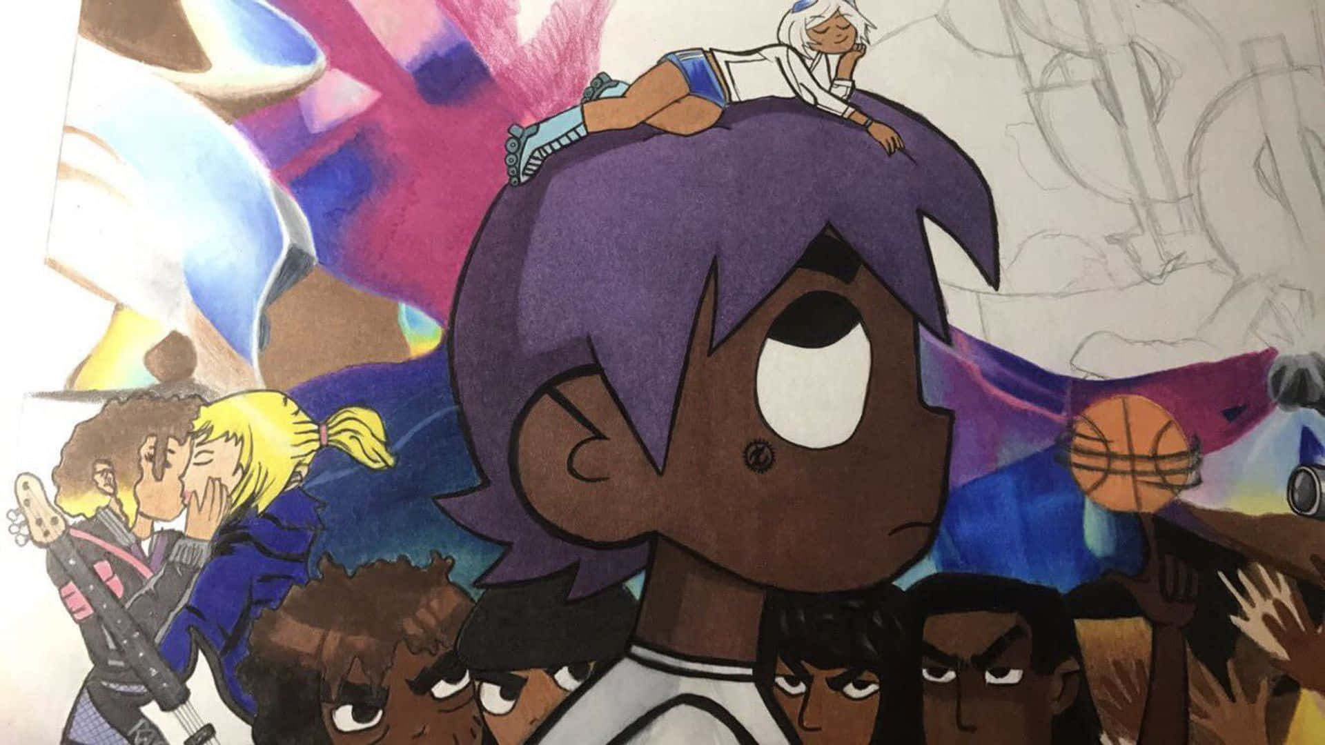 Lil Uzi Vert 桌布 壁紙 — 一幅充滿活力的動漫風格插圖，以紫色頭髮的主角為中心，周圍環繞著各種人物，在色彩繽紛的抽象背景前擺出動態姿勢。