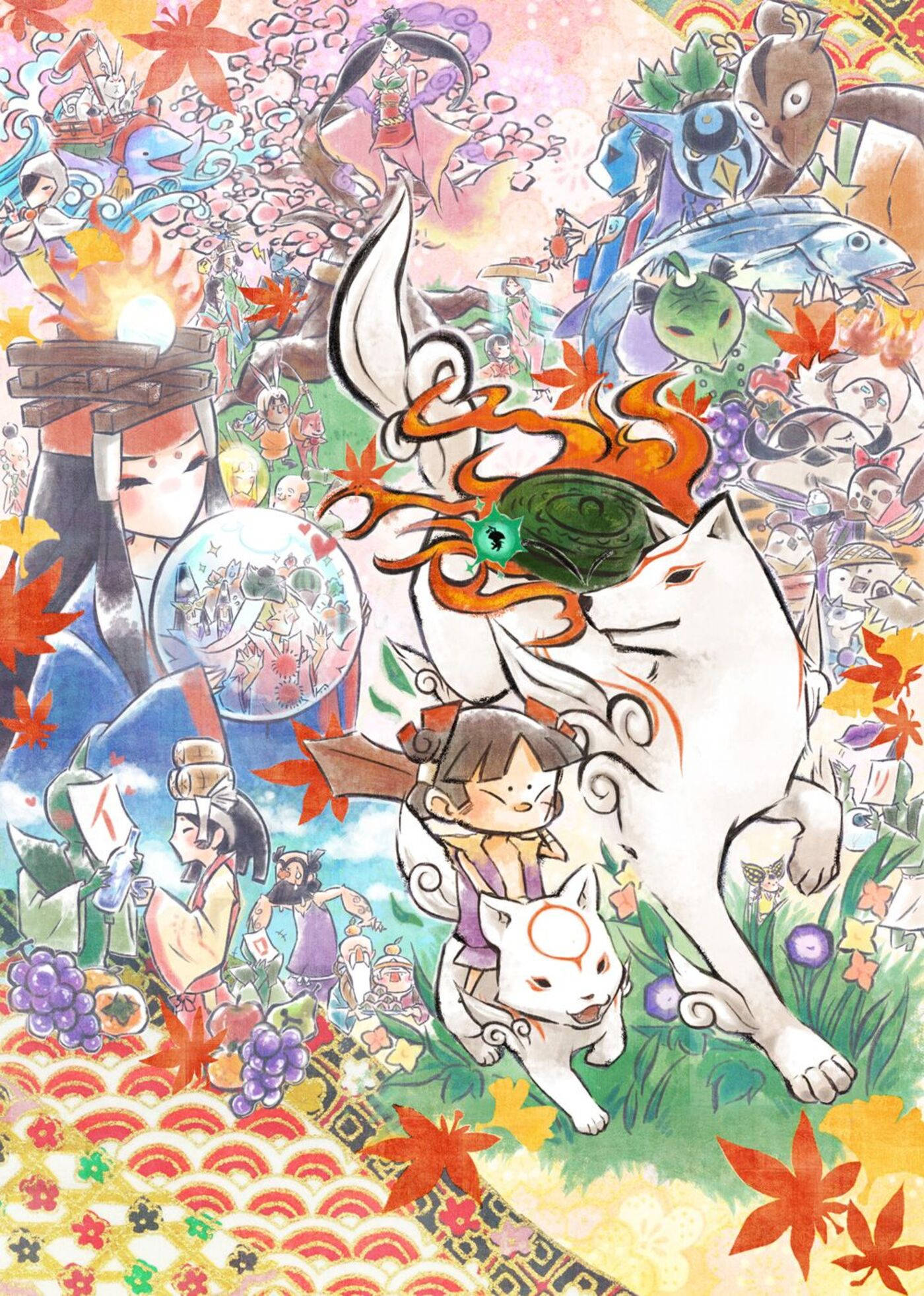 Okami 桌布 壁紙 — 一幅充滿活力的動漫風格插圖，充滿日本民間傳說角色和秋葉，圍繞著中央的白狐和小孩旋轉。