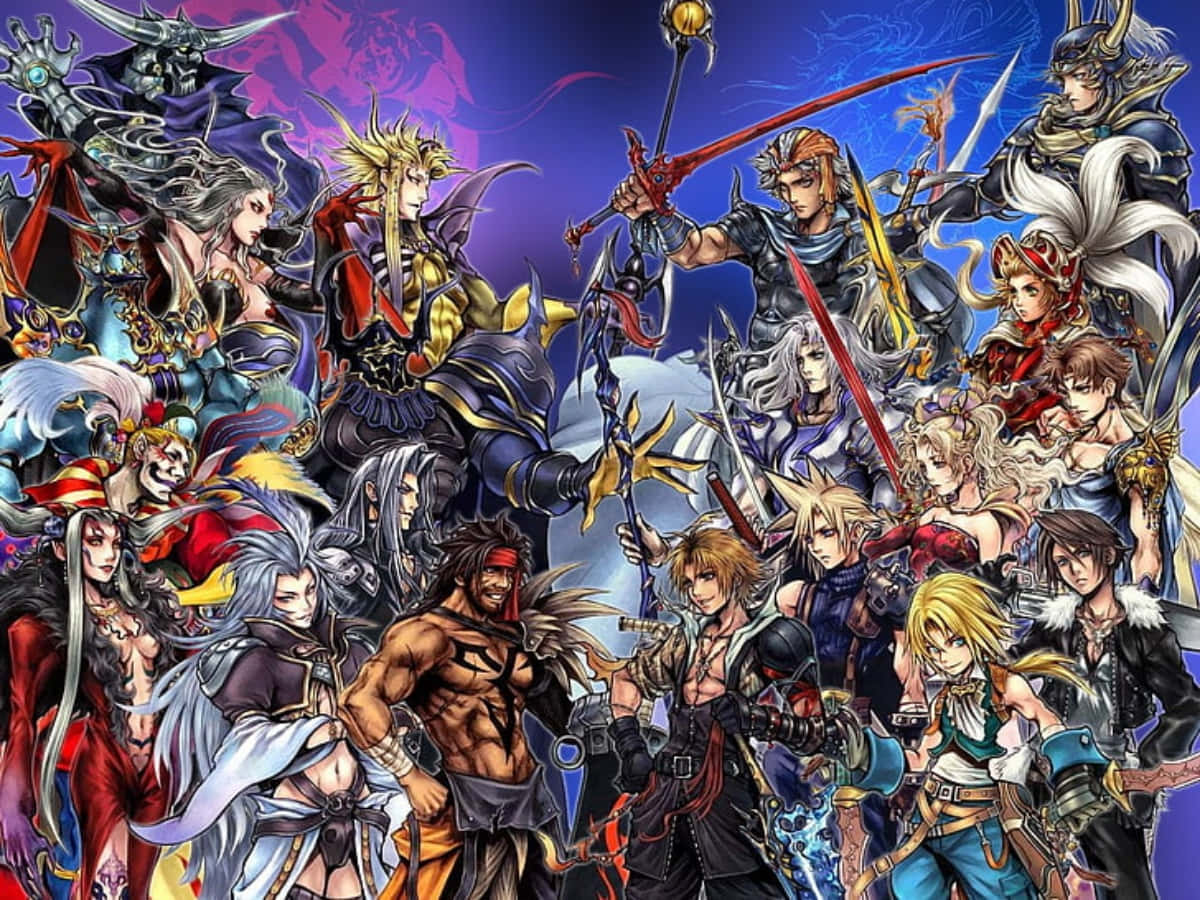 Final Fantasy Characters 桌布 壁紙 — 一幅充滿活力的動漫風格插圖，描繪了各種奇幻戰士和怪物，在漩渦般的宇宙背景下動態擺出姿勢。