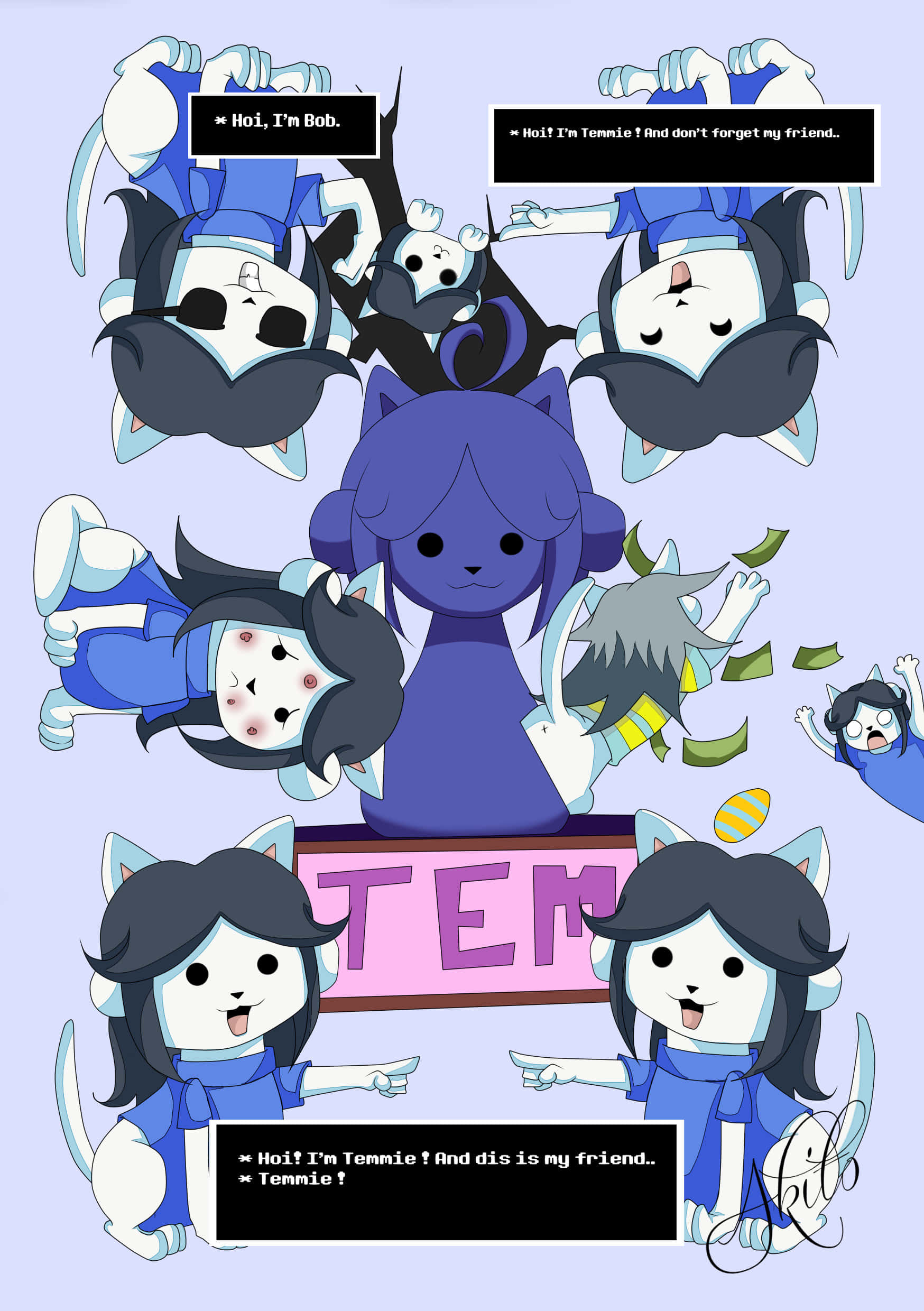 可愛貓咪 桌布 壁紙 — 一幅充滿活力的動漫風格插圖，描繪多個卡通貓角色在玩鬧混亂的場景中用對話氣泡自我介紹。
