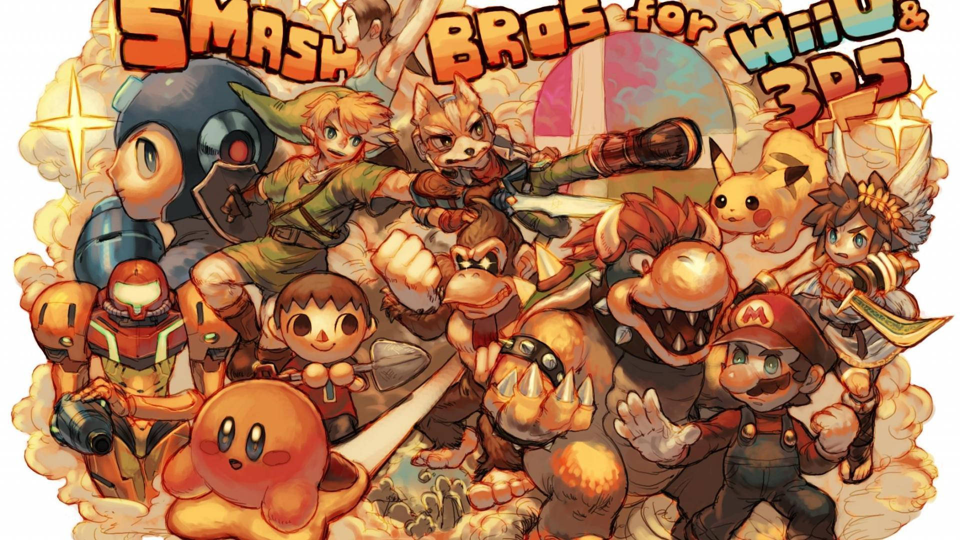 Super 桌布 壁紙 — 一幅充滿活力的動漫風格插圖，描繪了標誌性的 Smash Bros 角色，如 Mario、Pikachu 和 Donkey Kong，在火熱的背景前動態擺姿勢。