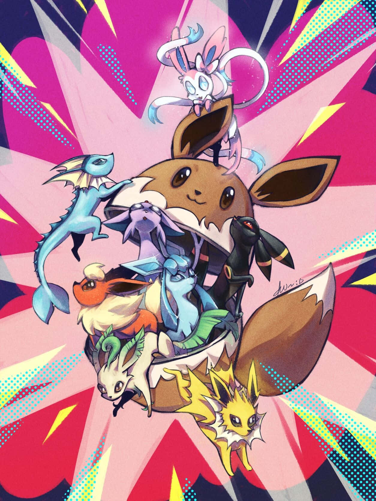 Pokemon Posters 桌布 壁紙 — 一幅充滿活力的動漫風格插圖，描繪伊布及其色彩繽紛的進化形態從粉紅色和黃色的風格化爆炸中迸發出來。