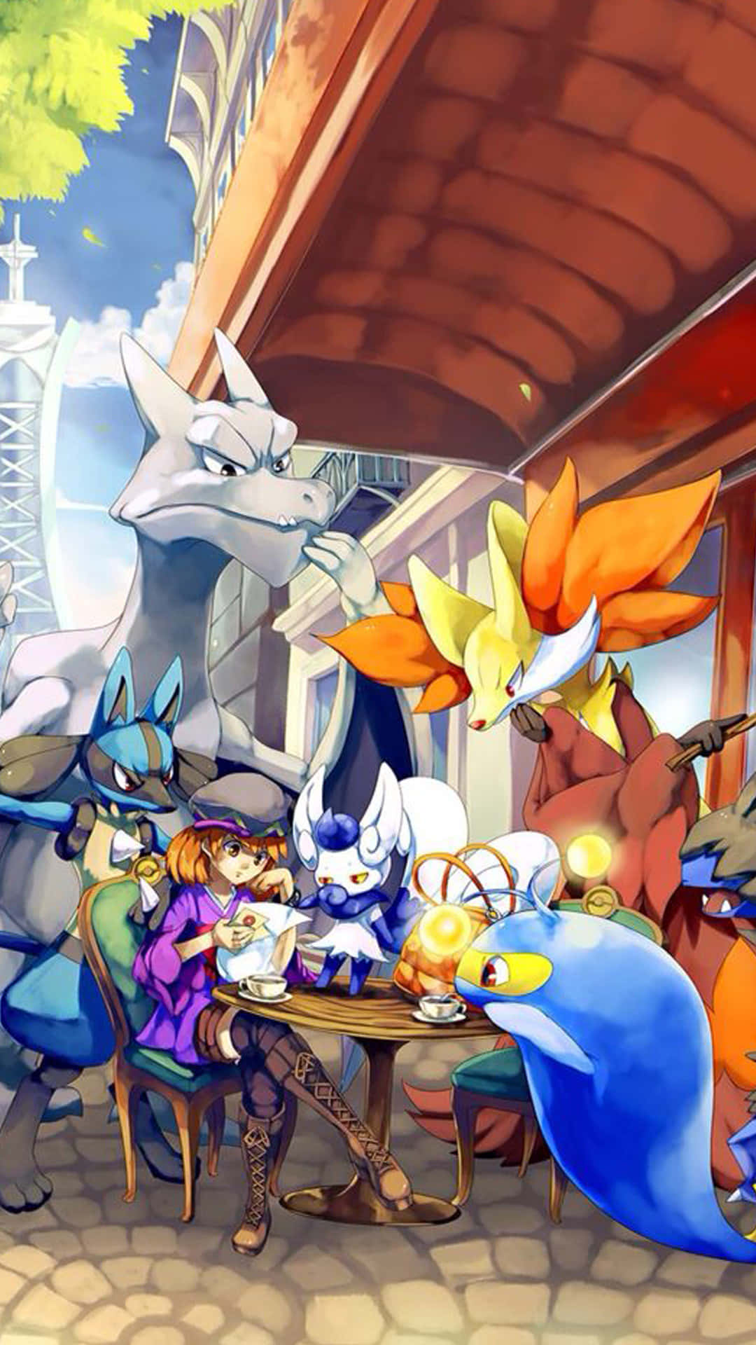 Pokemon Fan Art 桌布 壁紙 — 一幅充滿活力的動漫風格插圖，描繪了一個年輕女孩和她的寶可夢同伴在晴朗的天空下於戶外咖啡廳享用茶點。