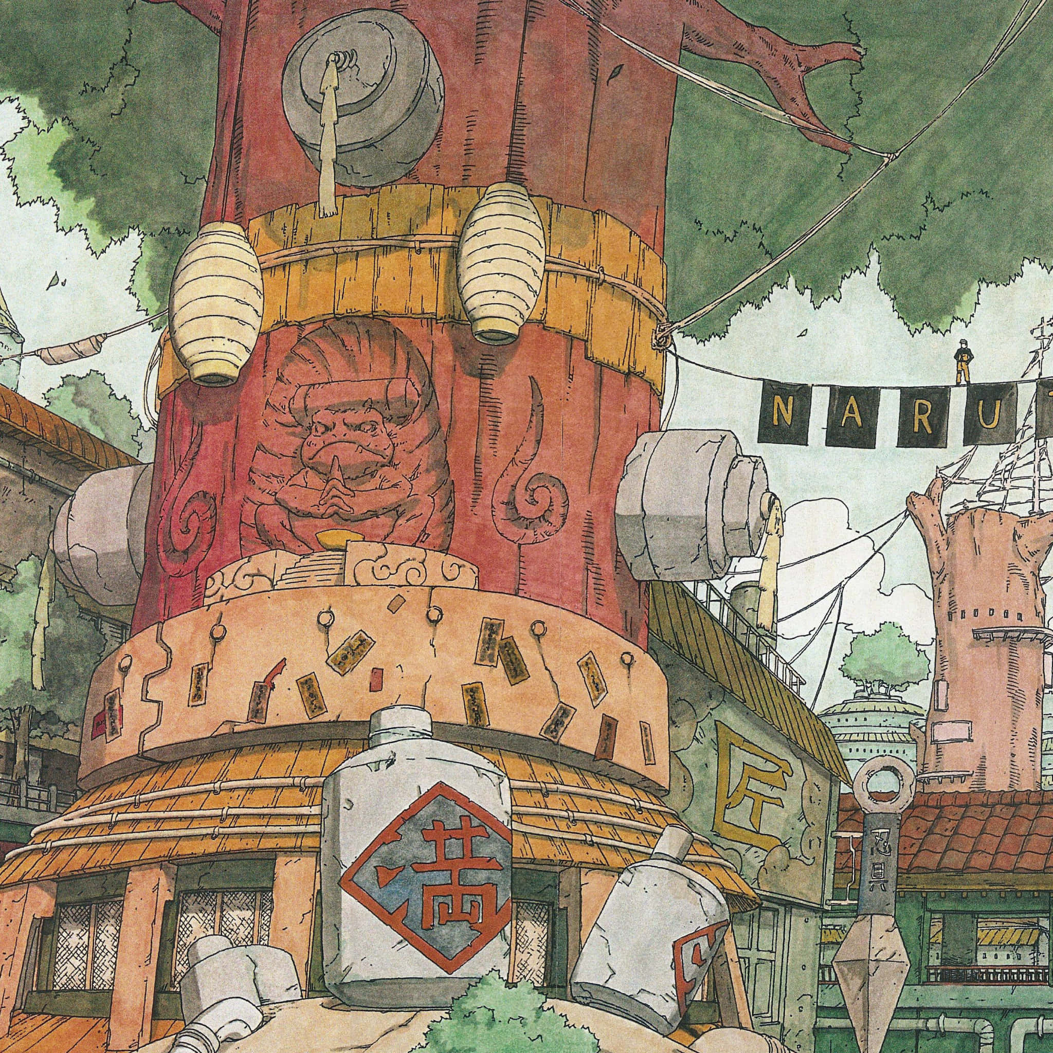 Konoha 桌布 壁紙 — 一幅充滿活力的動漫風格插圖，描繪了一座質樸的木建築，上面有雕刻的惡魔面孔，樹下掛著燈籠。