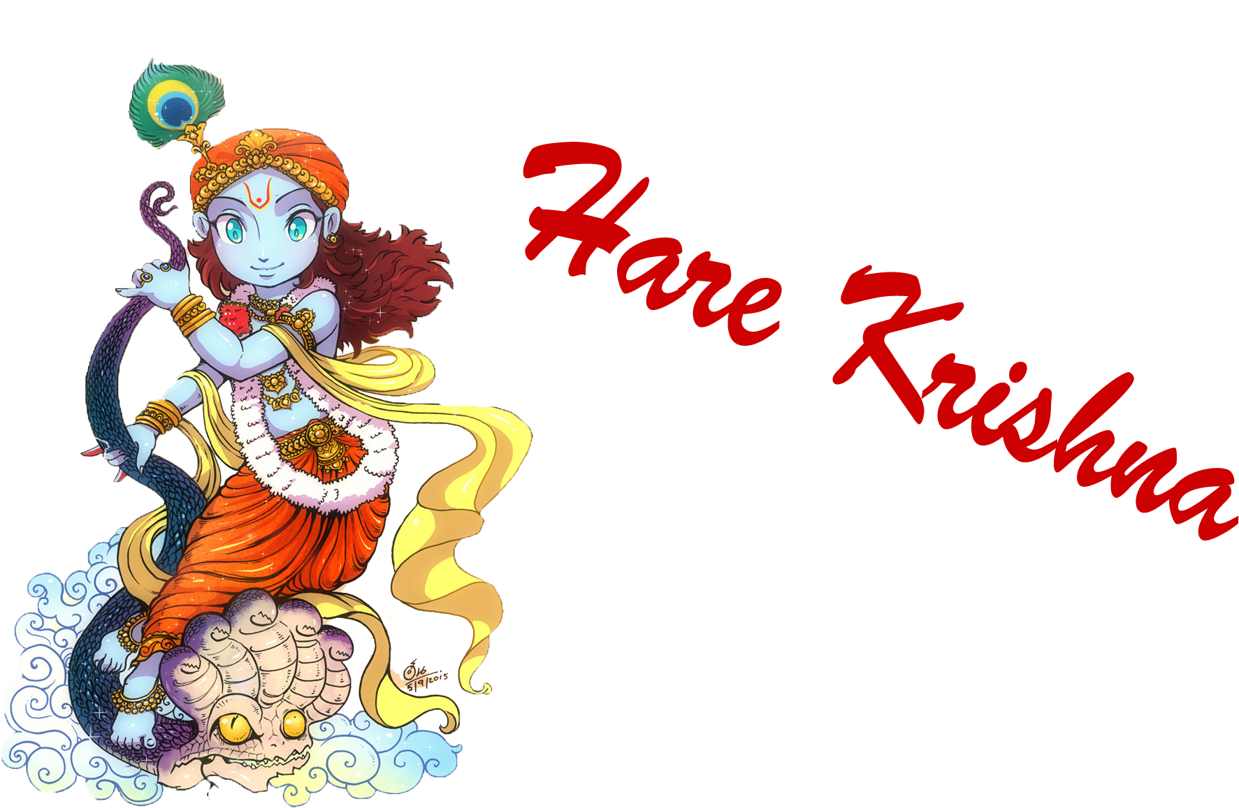 krishna bhagwan 桌布 壁紙 — 一幅充滿活力的動漫風格插圖，描繪一位藍皮膚的神祇戴著孔雀羽毛皇冠，騎著多頭蛇在雲端上，背景為黑色，帶有紅色的「Hare Krishna」文字。