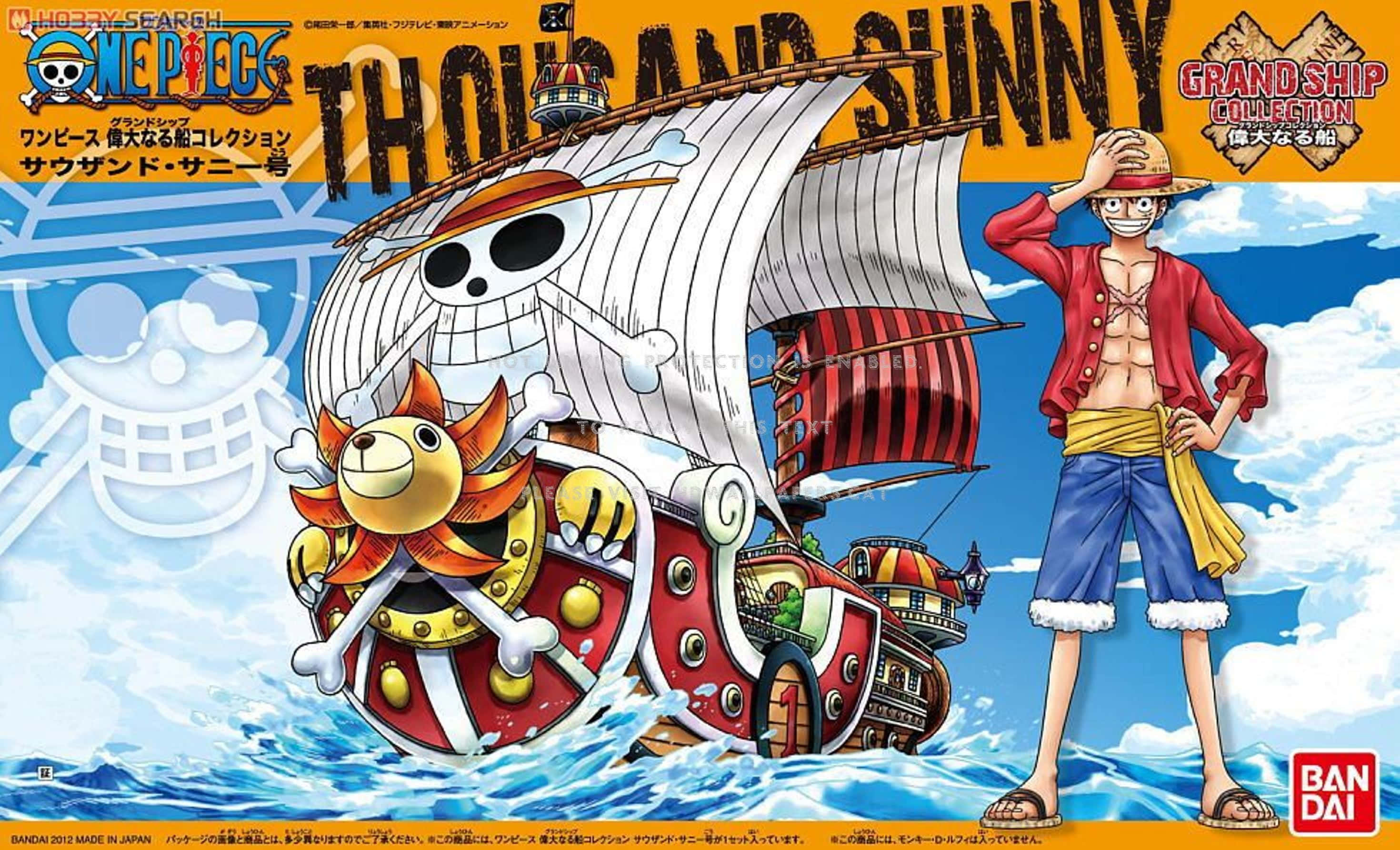 Thousand Sunny 桌布 壁紙 — 一幅充滿活力的動漫風格插圖，描繪了千陽號海賊船，船首有一個微笑的骷髏頭，在藍色波浪上航行，旁邊是身穿紅色外套和草帽的船長。