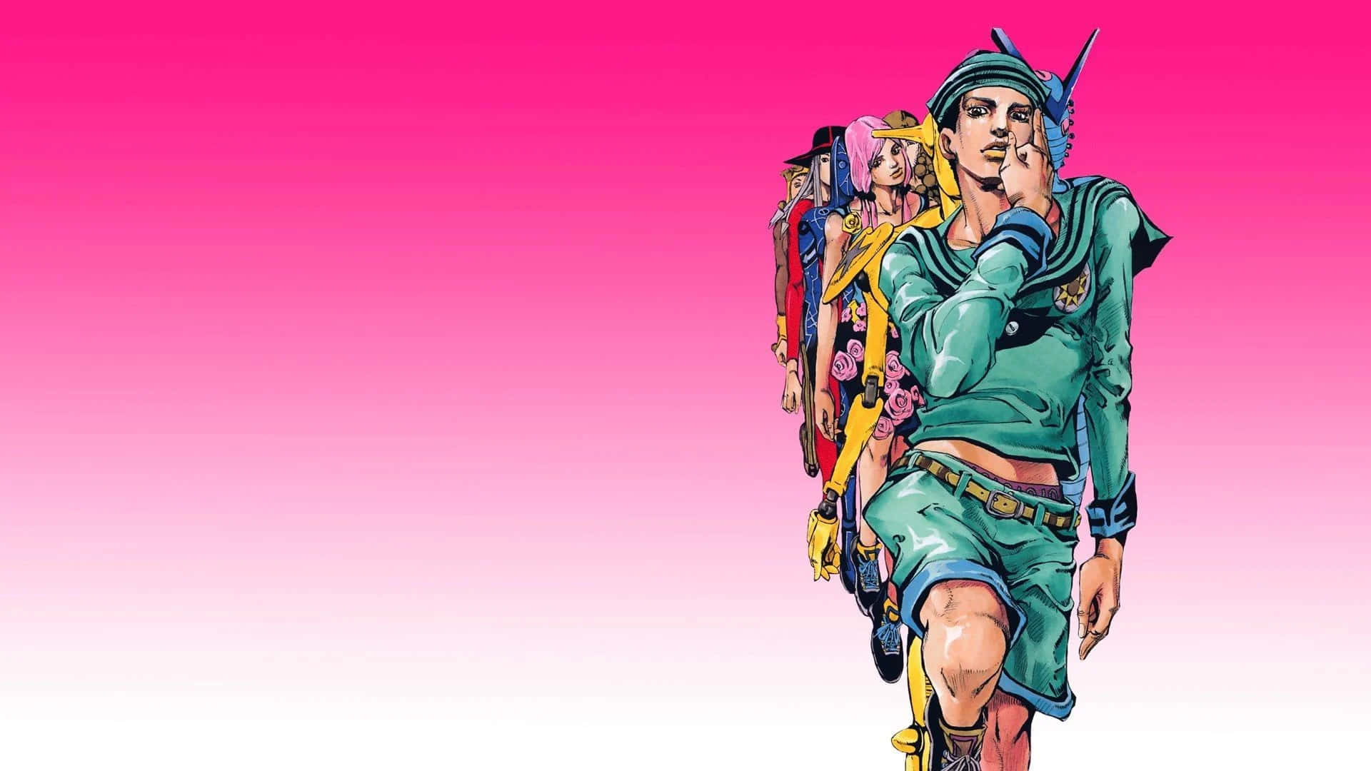 Jjba 桌布 壁紙 — 一幅充滿活力的動漫風格插圖，描繪了一位身穿綠色服裝的主角與一群色彩繽紛的同伴，背景為粉紅色漸變。