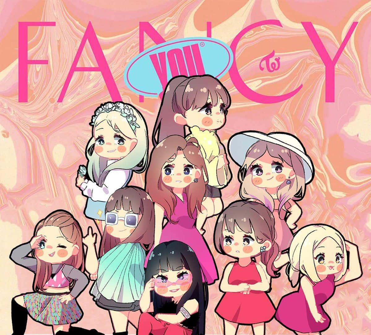Kpop Kawaii 桌布 壁紙 — 一幅充滿活力的動漫風格插圖，描繪了九個開心的女孩在旋轉的粉紅和蜜桃色背景前擺姿勢，背景上有粗體粉紅色的「FANCY」字樣。