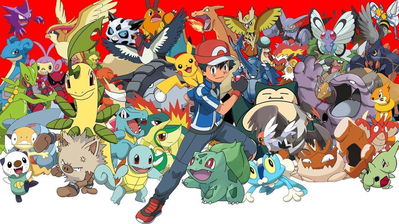 All Pokemon 桌布 壁紙 — 一幅充滿活力的動漫風格插圖，描繪小智被數十隻色彩繽紛的寶可夢包圍，背景為大膽的紅色。