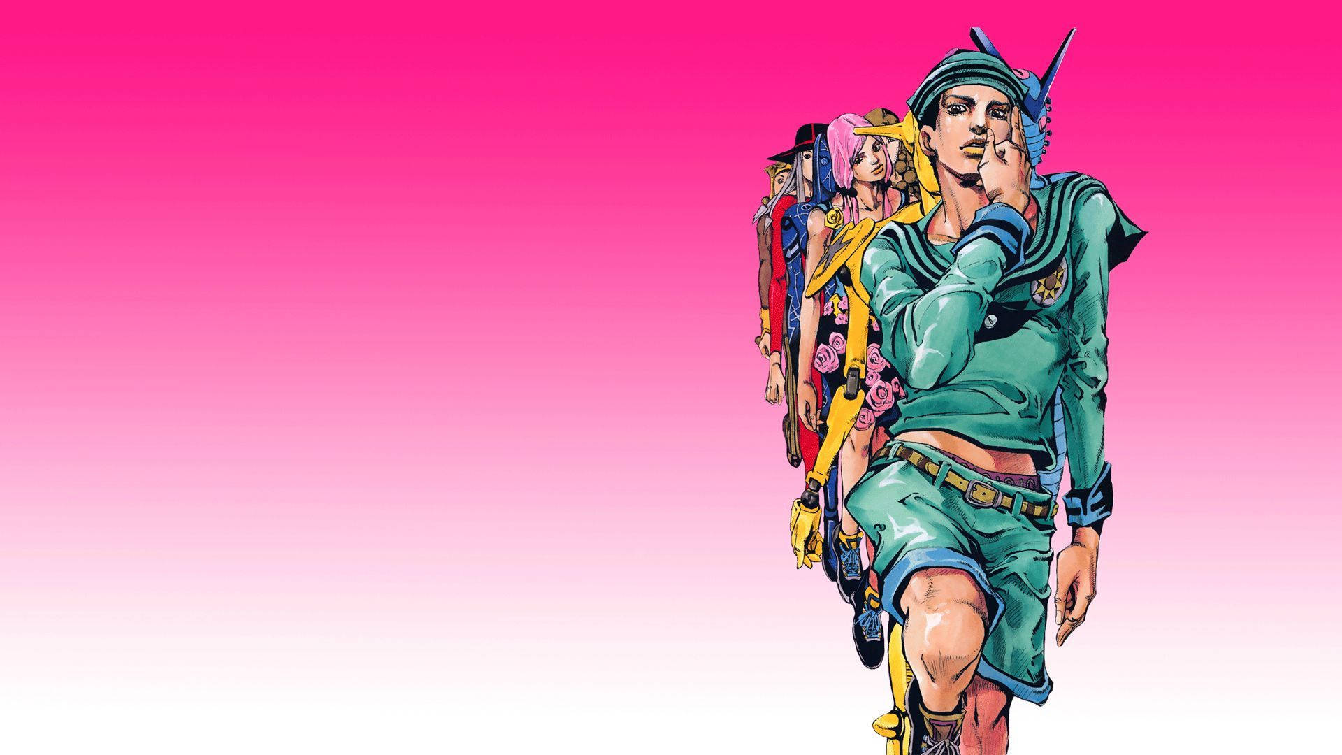 Jojo 桌布 壁紙 — 一幅充滿活力的動漫風格插圖，描繪了一位身穿綠色衣服的主角和一組色彩繽紛的角色，背景為粉紅色漸變。