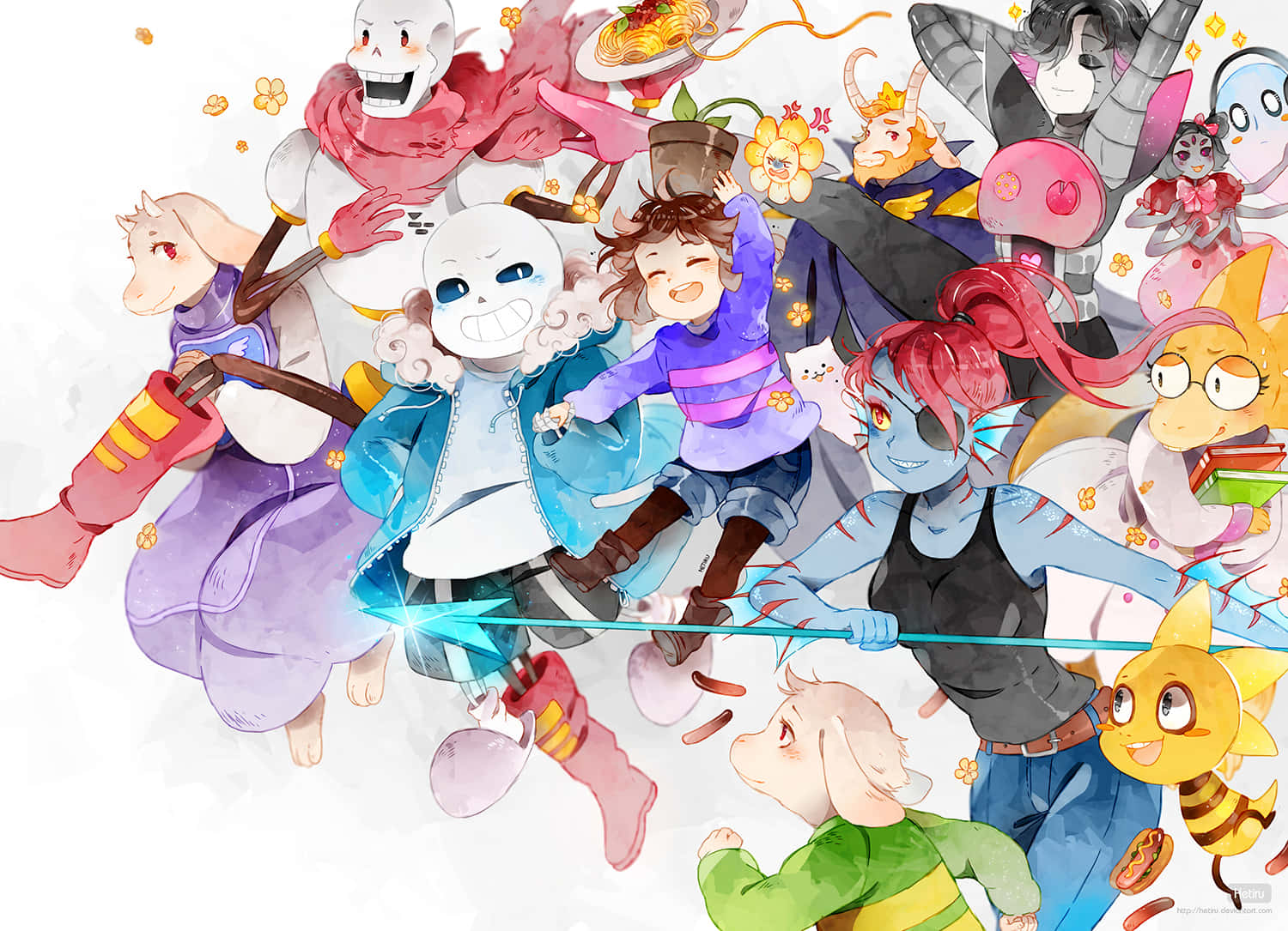 Undertale Desktop 桌布 壁紙 — 一幅充滿活力的動漫風格插圖，描繪了不同角色與食物和趣味元素愉快互動。