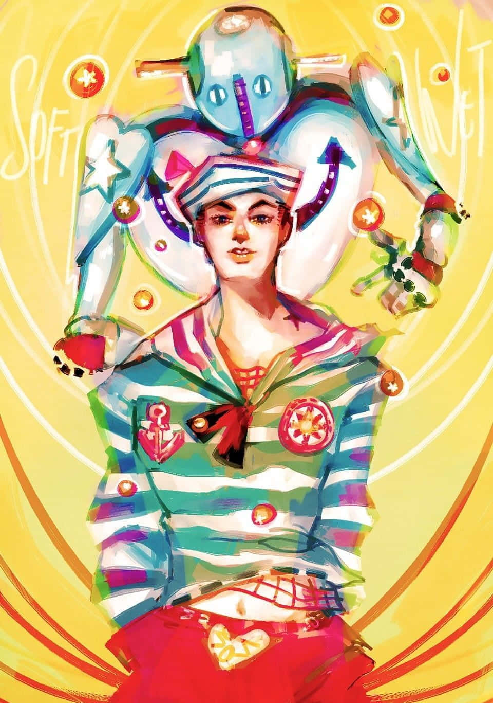 Soft And Wet 桌布 壁紙 — 一幅充滿活力的動漫風格插圖，描繪身穿水手服的人物，肩上站著一個機器人，背景是旋轉的黃色。