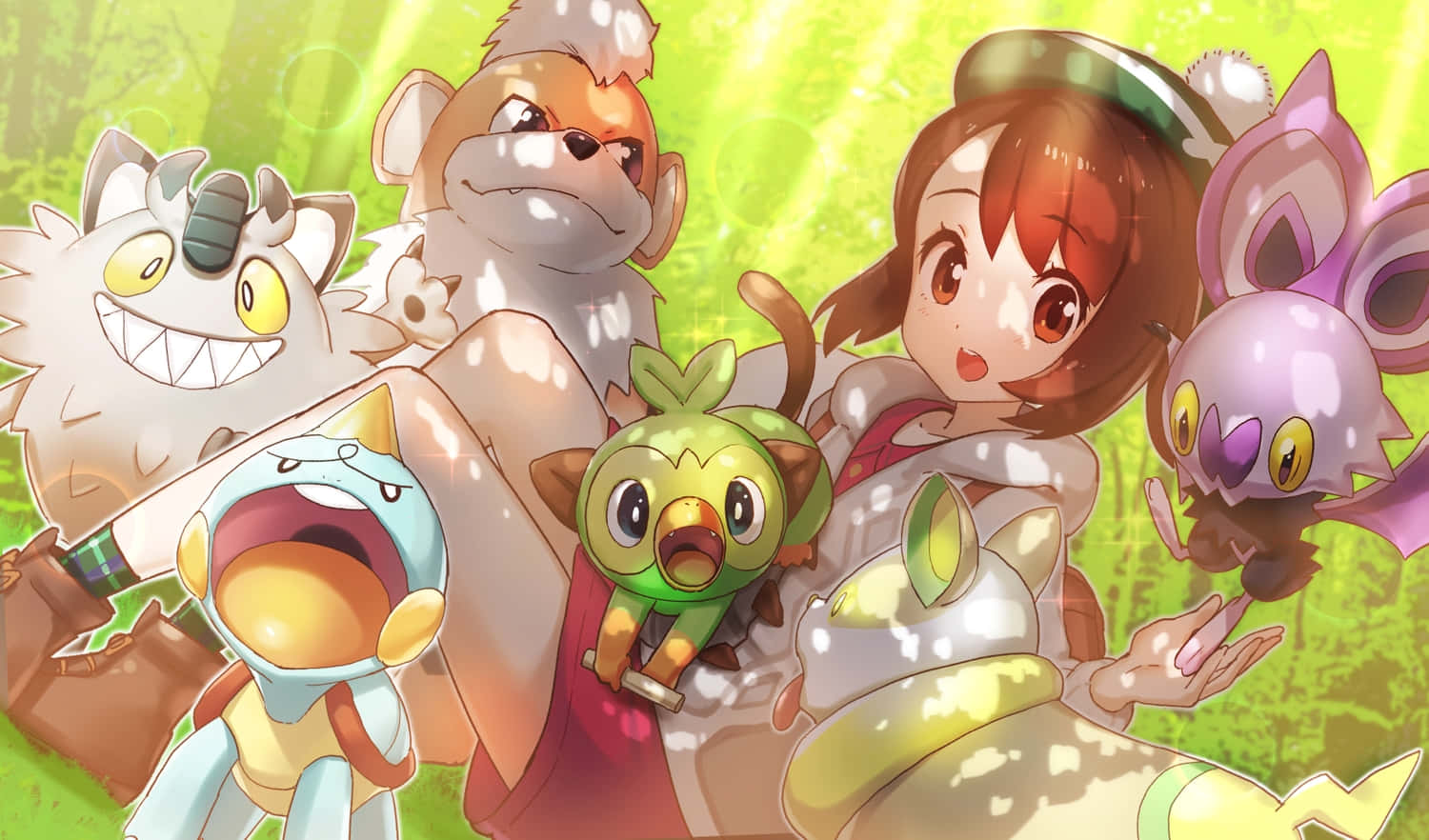 寶可夢 桌布 壁紙 — 一幅充滿活力的動漫風格插圖，描繪一位年輕訓練家與六隻色彩繽紛的寶可夢一起站在陽光明媚的草地上。