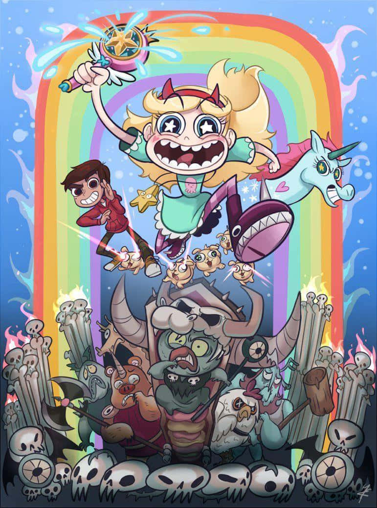 Star Vs The Forces Of Evil 桌布 壁紙 — 一幅充滿活力的動漫風格插圖，描繪Star Butterfly在彩虹拱門下，對著混亂的怪物大軍揮舞魔杖。