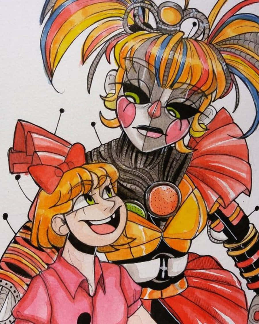 Scrap Baby 桌布 壁紙 — 一幅充滿活力的動漫風格插圖，描繪一位戴著大紅色蝴蝶結的開朗女孩，擁抱著一個高大、風格化的小丑般角色，該角色擁有彩虹色頭髮和機械細節。