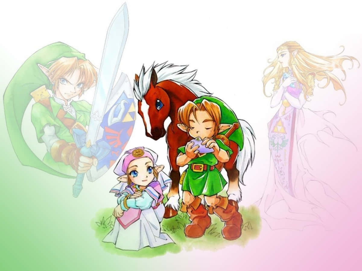 The Legend Of Zelda Characters 桌布 壁紙 — 一幅充滿活力的動漫風格插圖，描繪年輕的林克與他的馬和同伴，背景為柔和的漸變色。