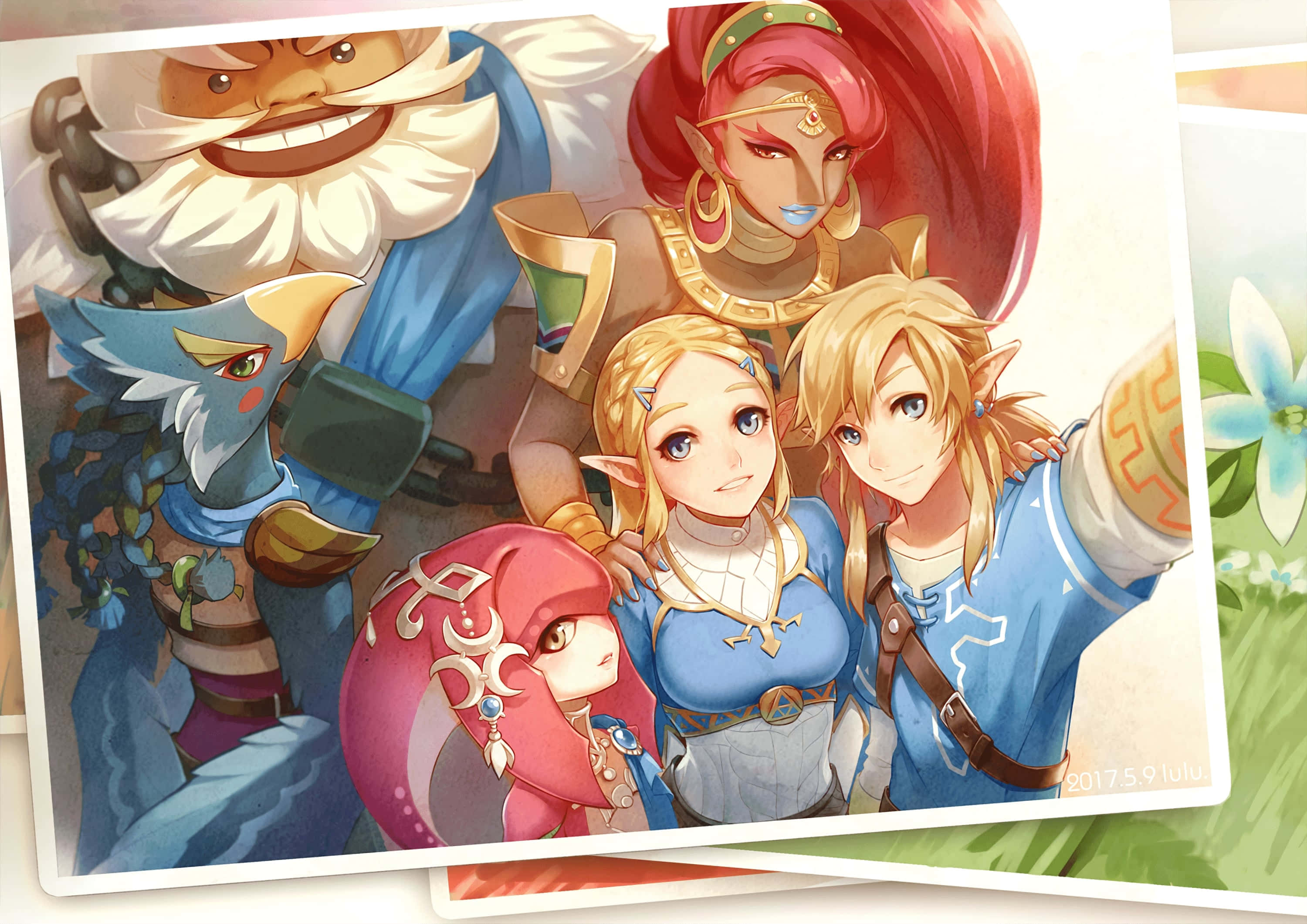 The Legend Of Zelda Revali 桌布 壁紙 — 一幅充滿活力的動漫風格插圖，描繪五個奇幻角色在溫暖燈光下穿著精緻服裝一起擺姿勢。