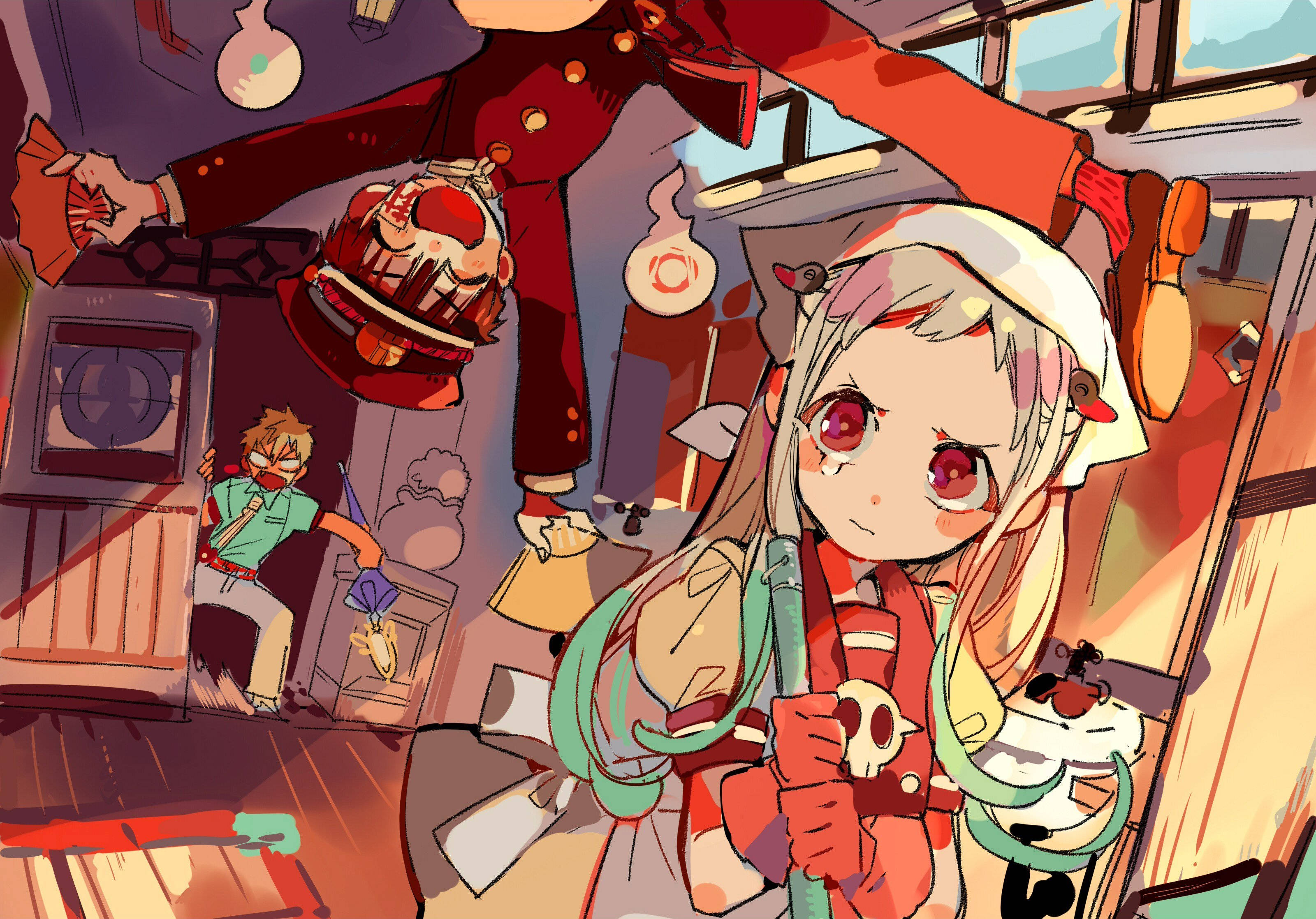 hanako 桌布 壁紙 — 一幅充滿活力的動漫風格插圖，描繪了一位紅眼、穿著骷髏主題服裝的女孩，站在一個雜亂的房間裡，房間內有漂浮的物體，背景中還有一個男孩。