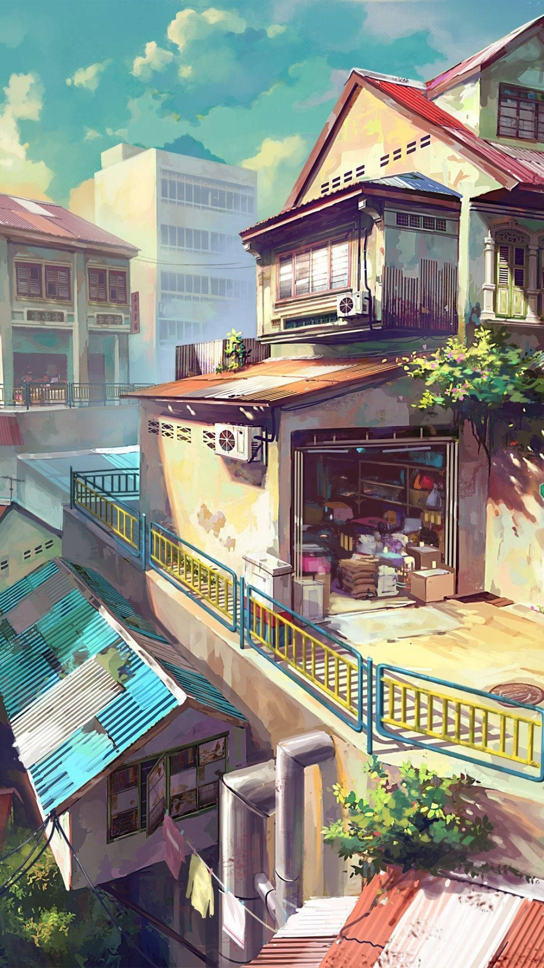 動漫 桌布 壁紙 — 一幅充滿活力的動漫風格插圖，描繪了一條陽光普照的城市小巷，擁有色彩繽紛的屋頂和熱鬧的店舖門面。