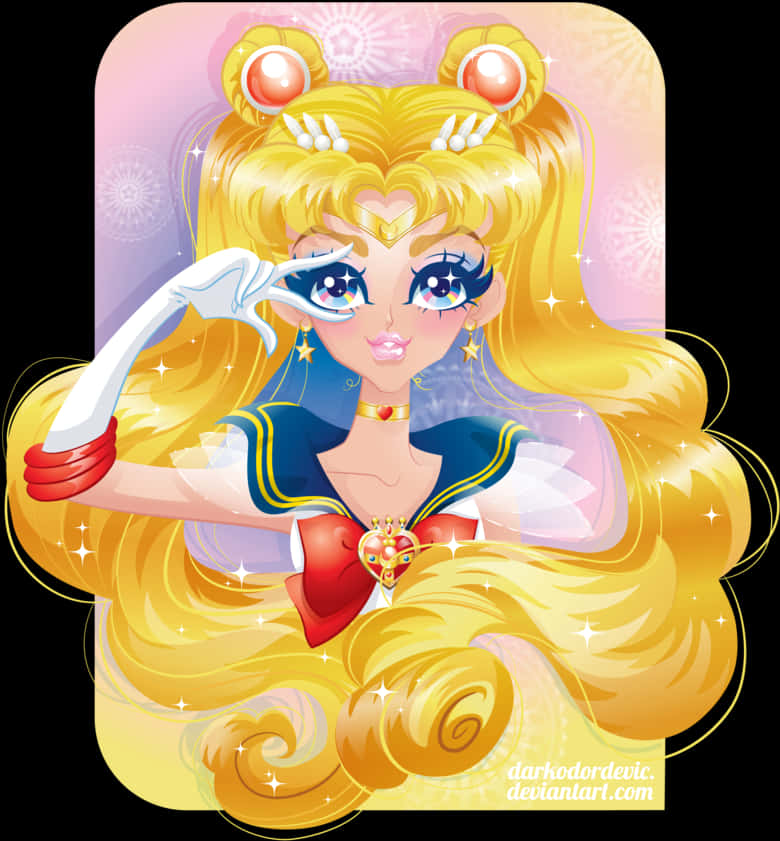 美少女戰士 桌布 壁紙 — 一幅充滿活力的動漫風格插圖，描繪了美少女戰士（Sailor Moon）擁有金色頭髮和閃閃發光的眼睛，在柔和漸變背景前自信地擺出姿勢。