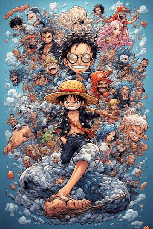 Luffy on Going Merry Sunset Anime 壁紙 — 一幅充滿活力的動漫風格插圖，描繪蒙奇·D·魯夫和他的船員在藍天下從旋轉的煙霧雲中衝出。