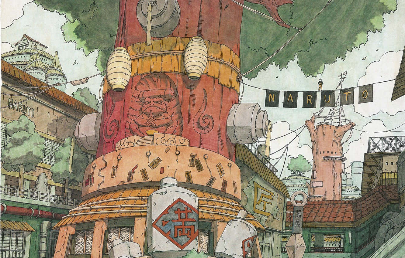 Konoha 桌布 壁紙 — 一幅充滿活力的動漫風格插圖，描繪了一個繁華的村莊，村莊裡有一座巨大的紅色拉麵塔，掛著燈籠，天空多雲。
