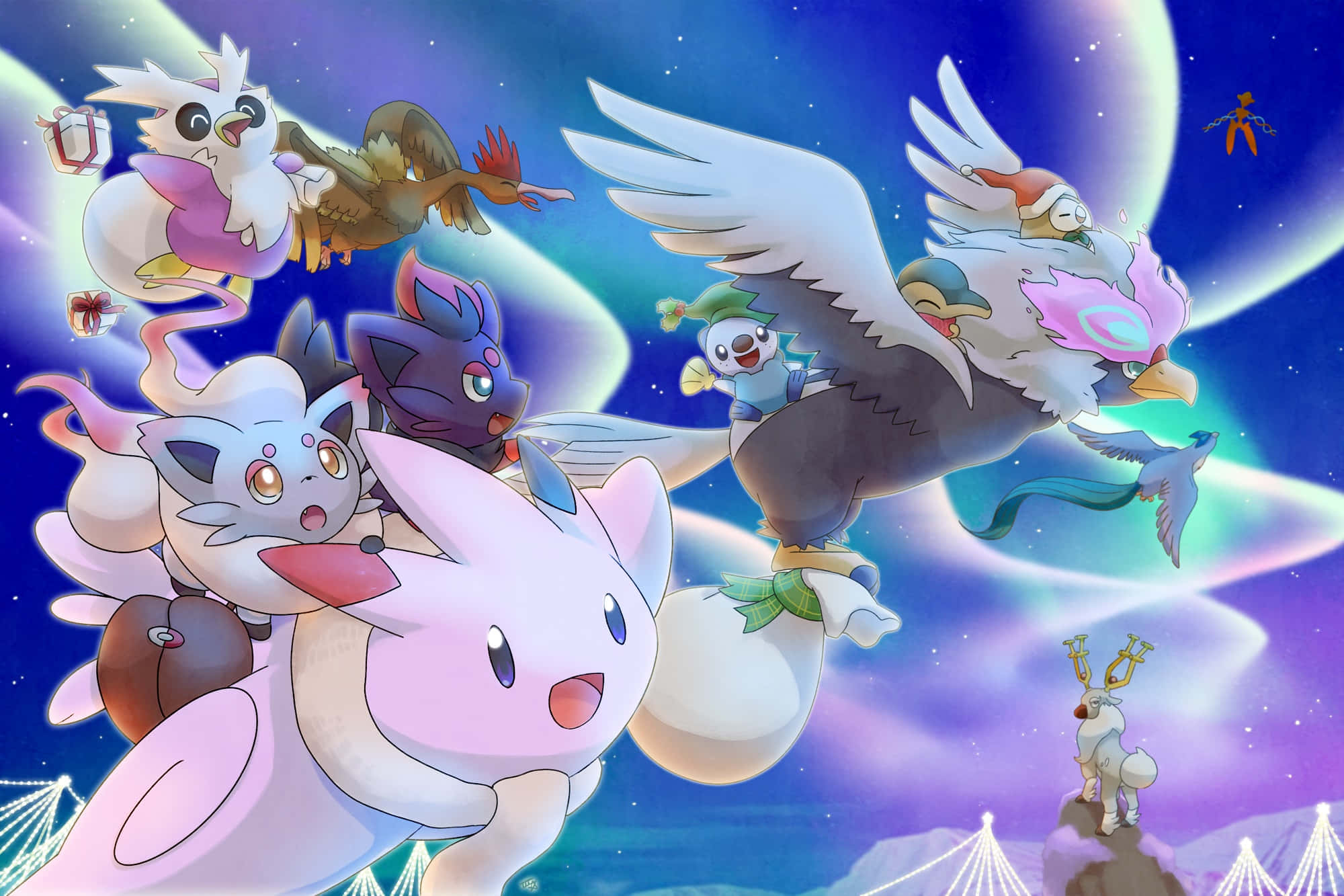 Flying Bird 桌布 壁紙 — 一幅充滿活力的動漫風格插圖，描繪多個寶可夢角色在星光閃爍的暮色天空中快樂飛翔，伴隨著一輪發光的月亮。